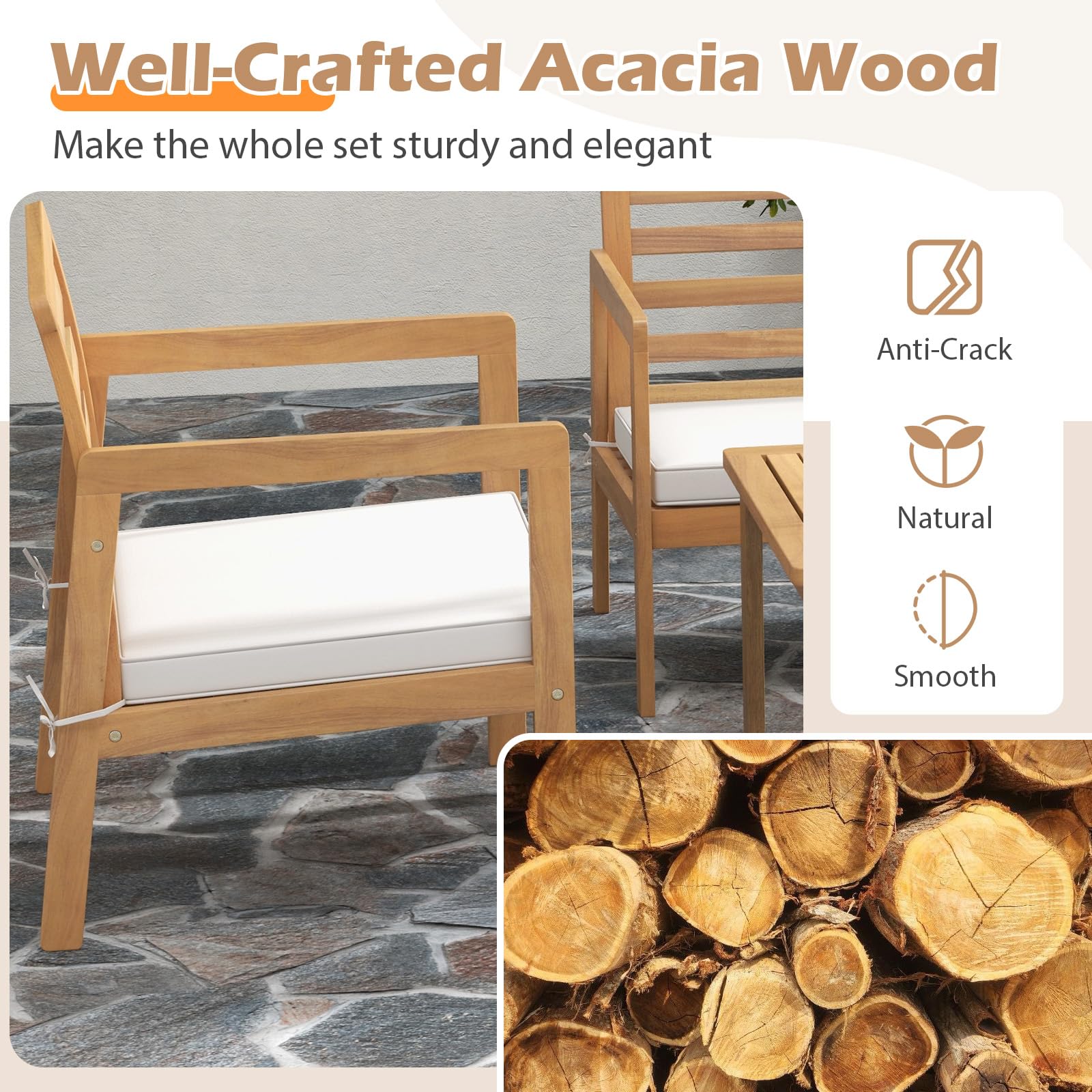 Tangkula 4 Piece Wood Patio Conversation Set, Patio Furniture Set w/Seat Cushions - Image 5