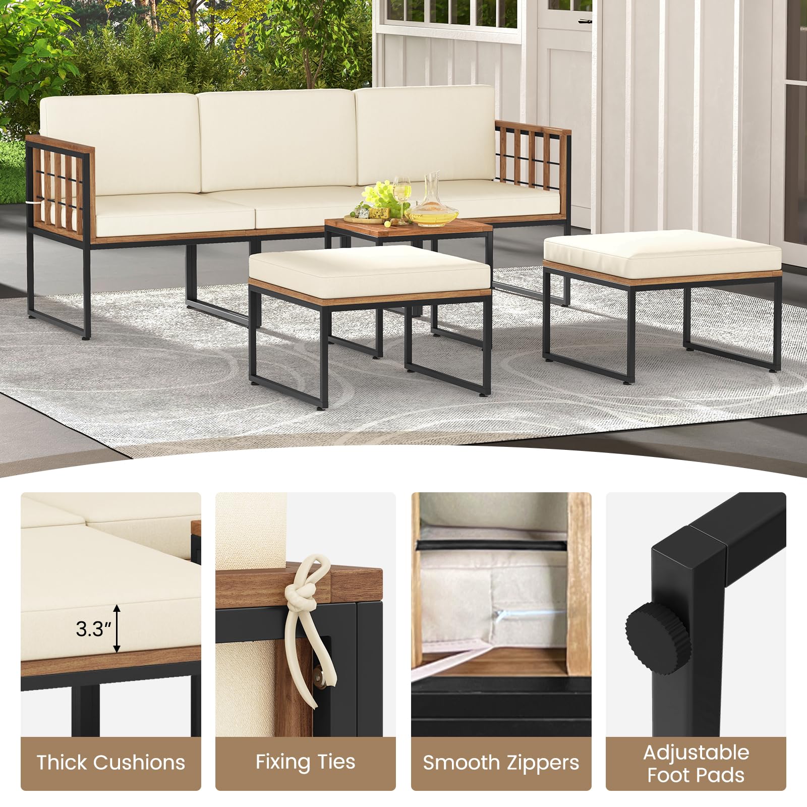 Tangkula 6 Pieces Acacia Wood Patio Furniture Set, Patiojoy Outdoor Sectional Conversation Sofa Set with Cushions - Image 6