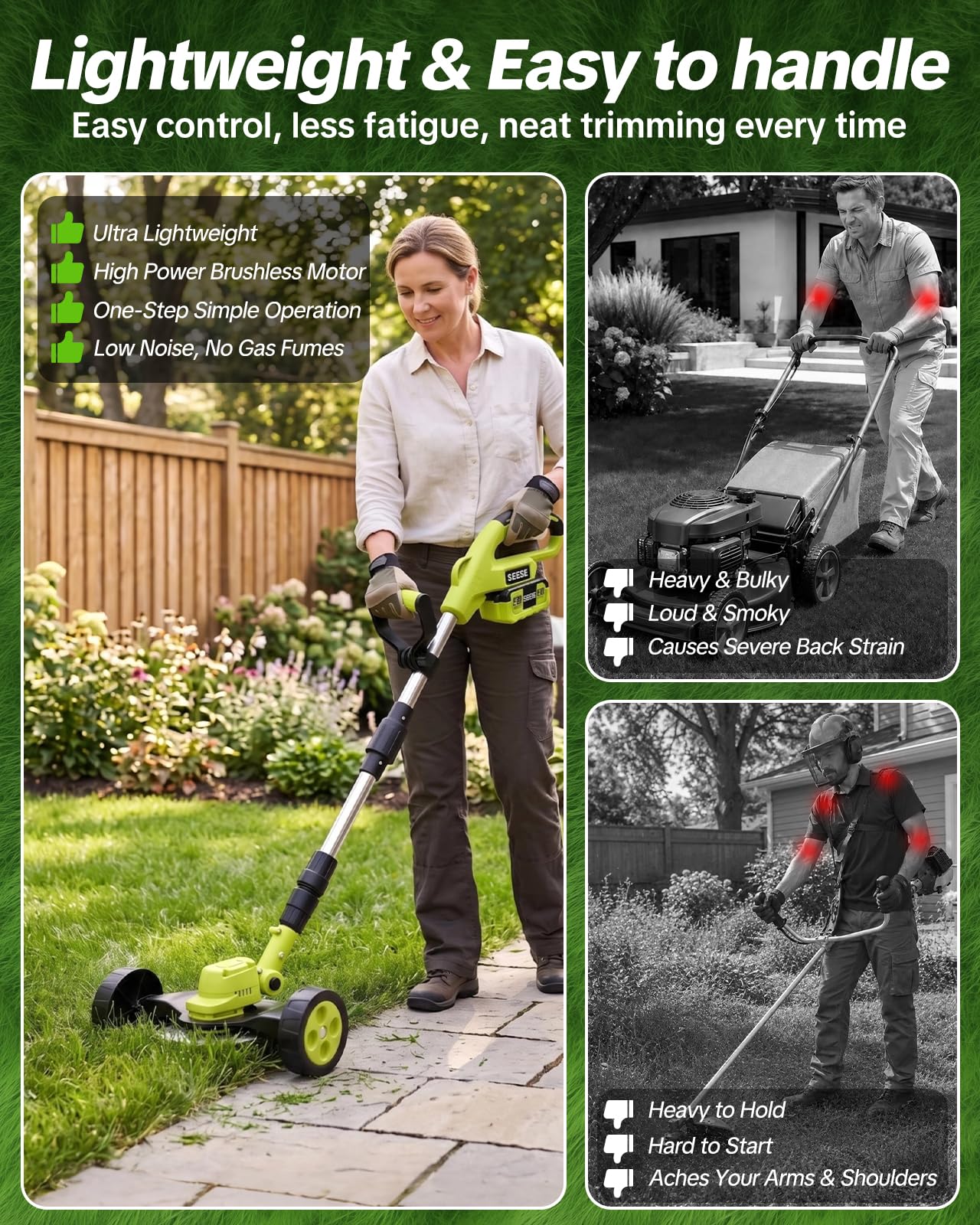 SEESE Cordless Electric Weed Wacker: 3 Different Blades for Lawn Trimming with 2×3.0Ah Batteries, Wheels, and Safety Guard, Lightweight & Ergonomic Design - Suitable for Yard & Garden - Image 3
