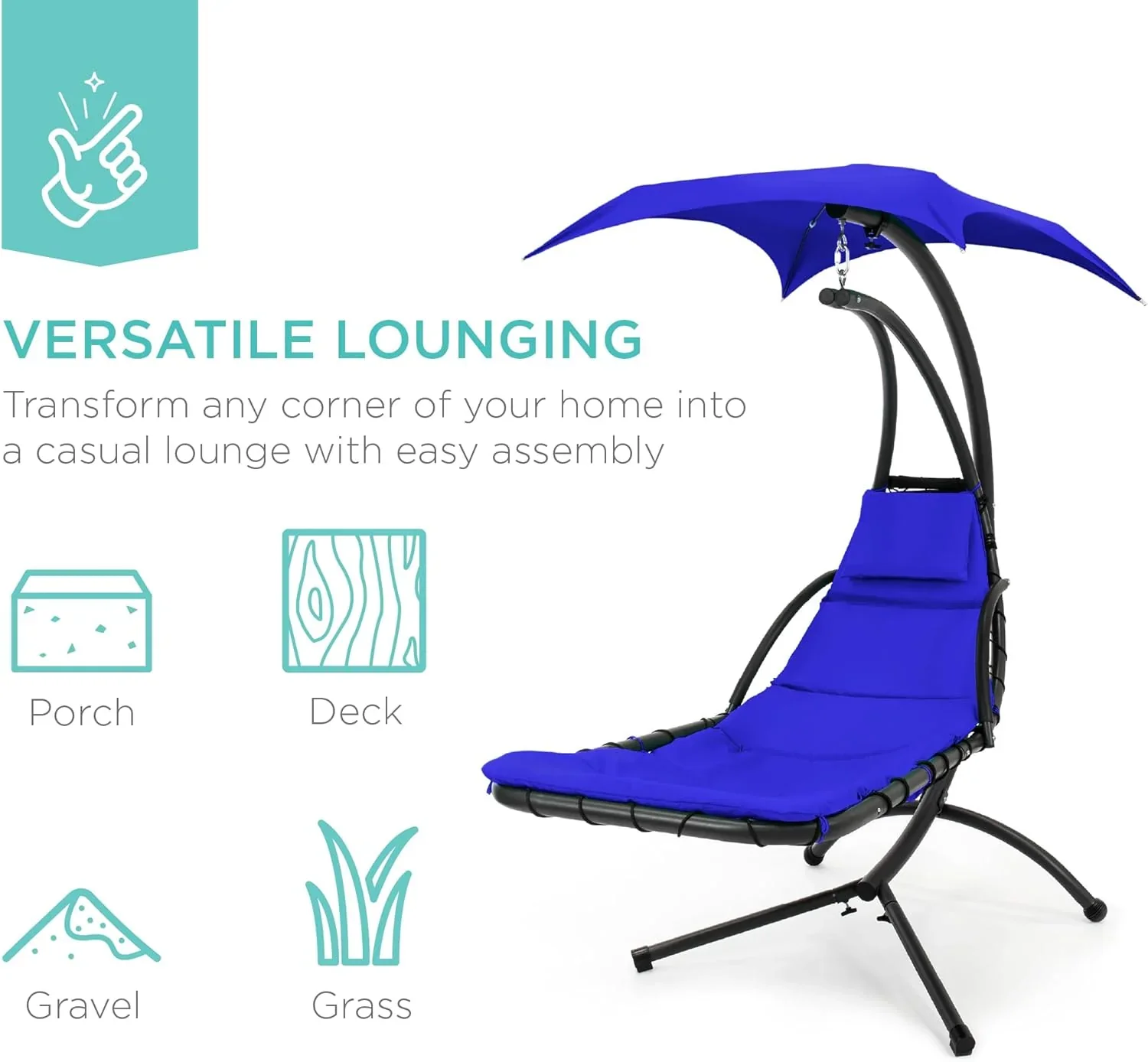 Best Choice Products Outdoor Hanging Curved Steel Chaise Lounge Chair Swing w/Built-in Pillow and Removable Canopy - Charcoal Gray - Image 35