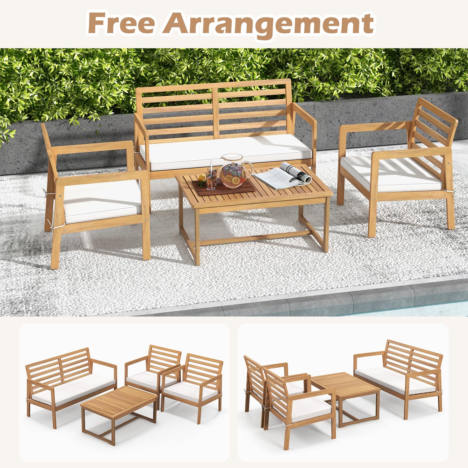 Tangkula 4 Piece Wood Patio Conversation Set, Patio Furniture Set w/Seat Cushions - Image 8
