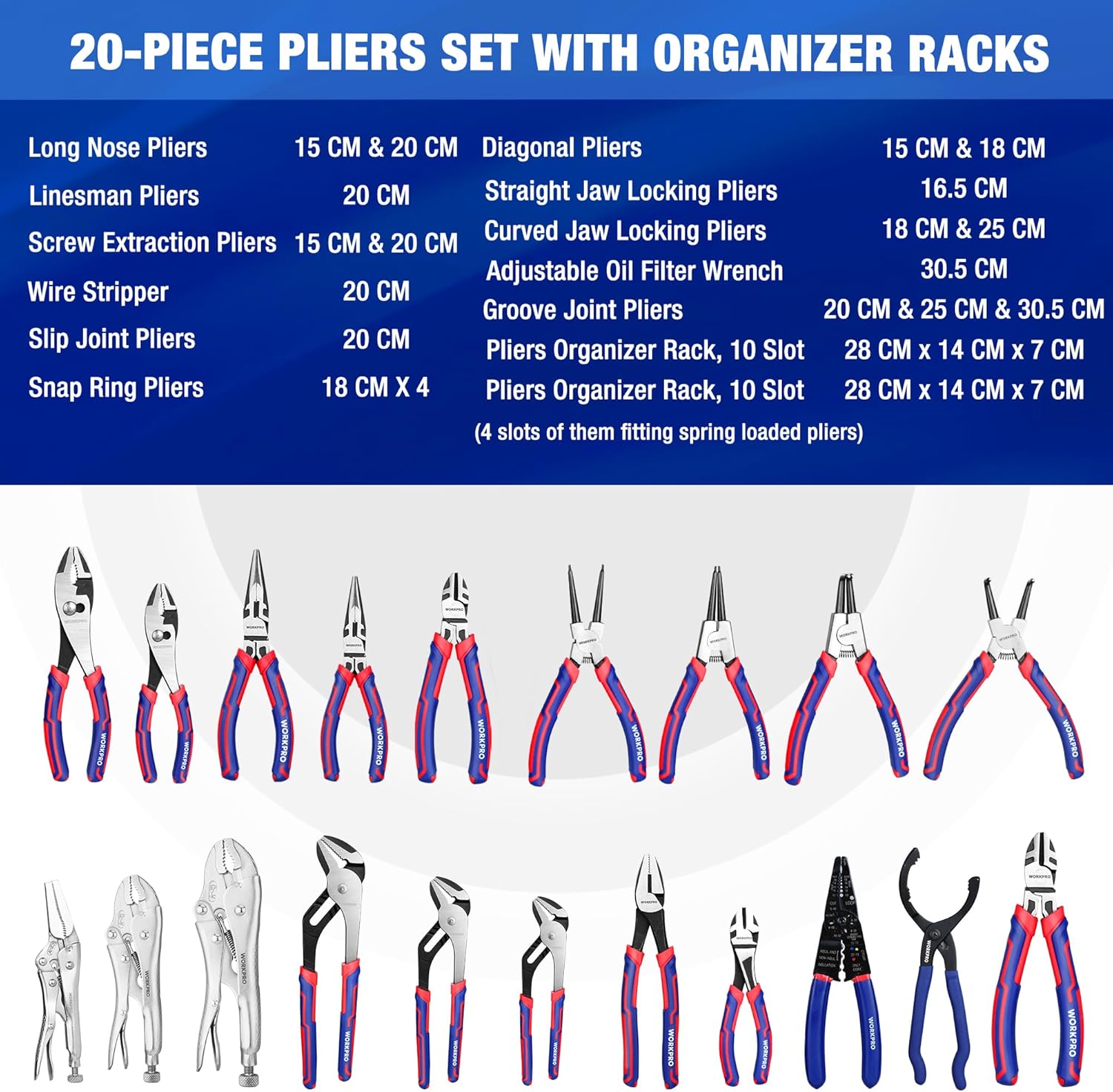 WORKPRO Pliers Set, 20-Piece Pliers Set with 2-pack Organizer Rack | Channel Locks Plier and Vise Grip Plier Assortment - Image 2