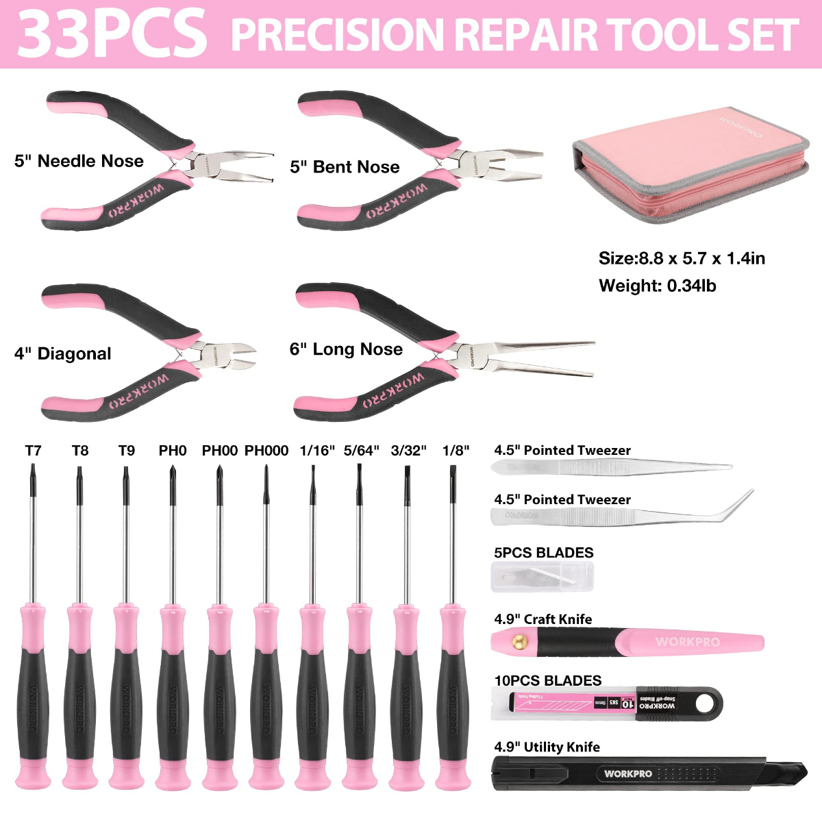 WORKPRO 33 Pcs Precision Repair Tool Set Includes Pliers Set - Pink Ribbon - Image 3