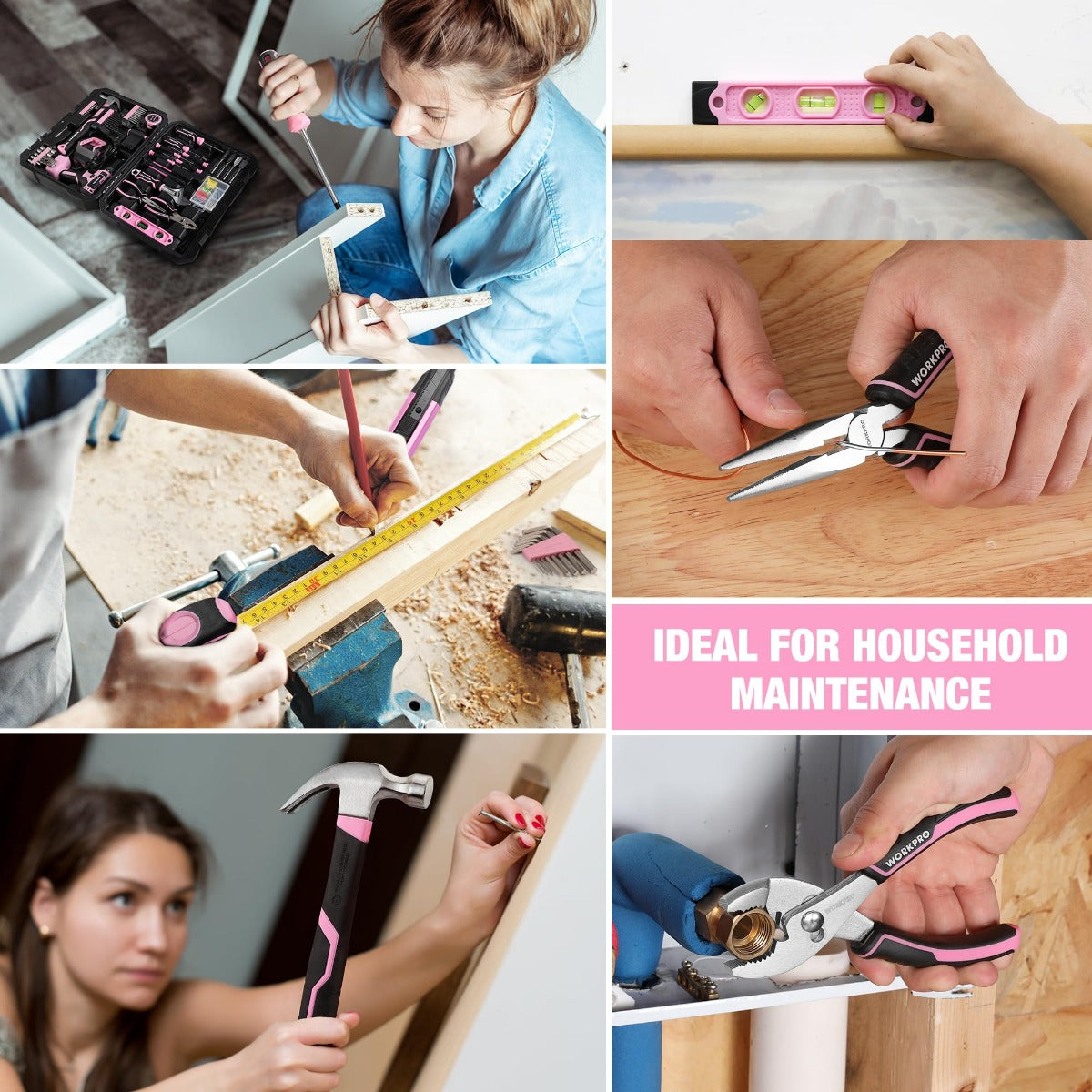 WORKPRO 20V Pink Cordless Drill Driver and 141 Pcs Home Tool Set - Pink Ribbon - Image 6