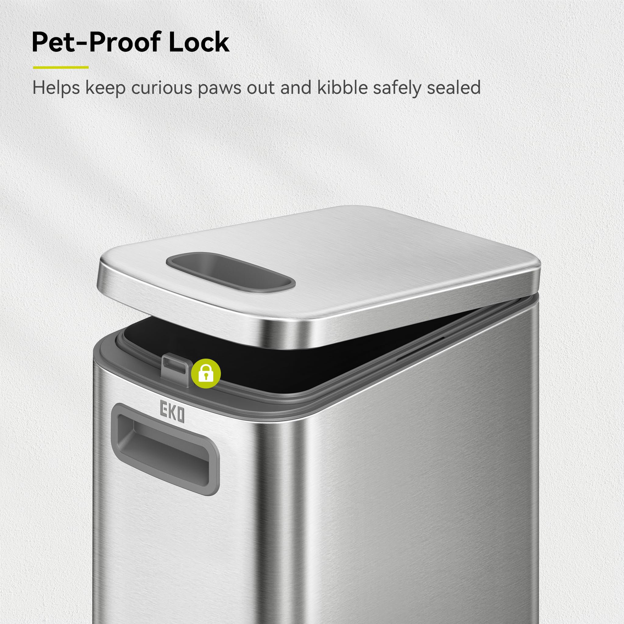 EKO 45 lb Airtight Dog Food Storage Container, Stainless Steel Pet Food Container for Kibble, Cat Food & Bird Seed, Lockable Lid, Magnetic Scoop, BPA-Free Inner Bucket, Wheels - Image 4