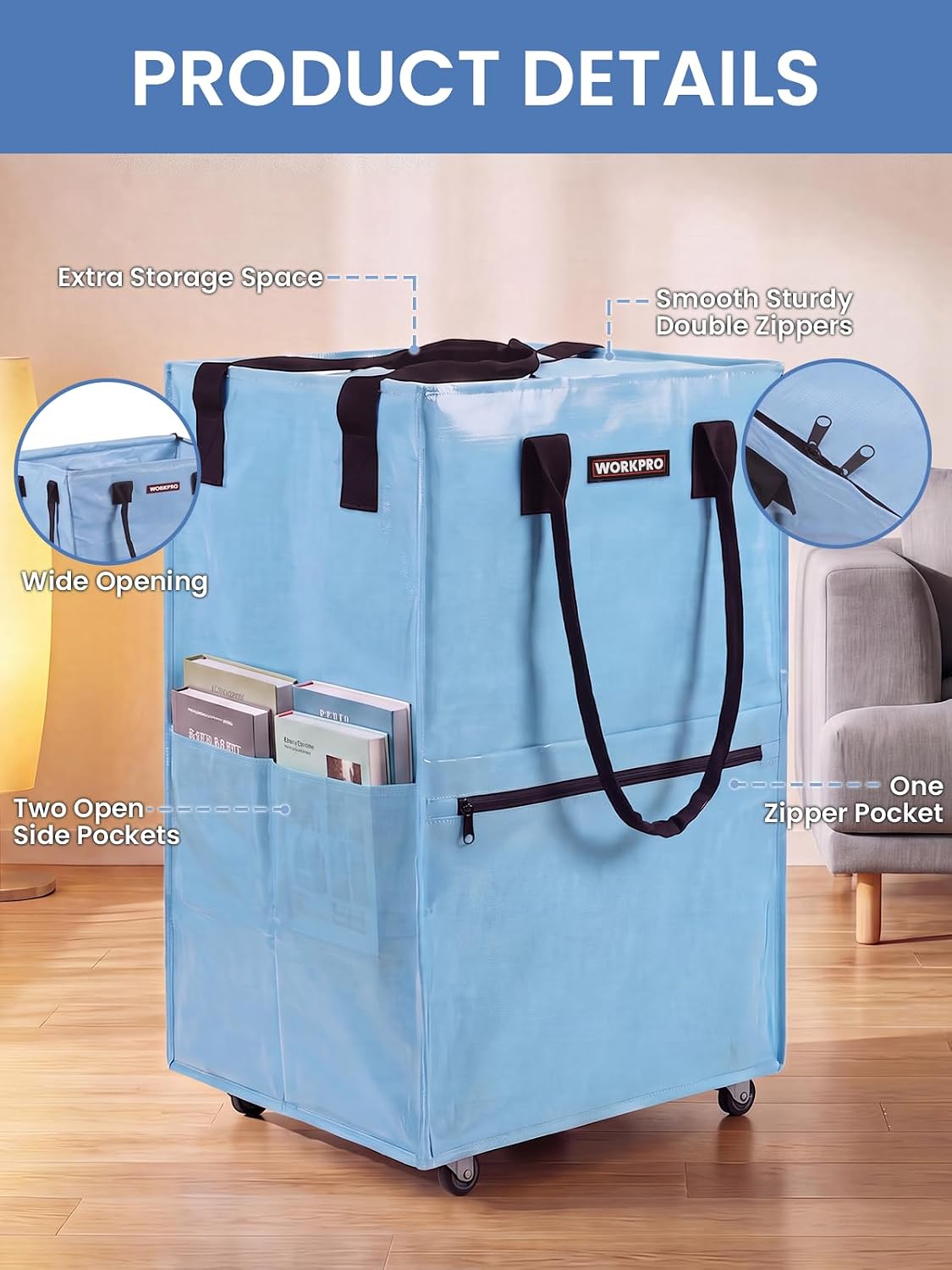 WORKPRO Large Rolling Grocery Bag, 36-Gallon Tote with 5 Wheels, 110 lbs Capacity, Dual Carry, Wide Zipper & Extra Storage for Shopping, Laundry & Moving - Image 7