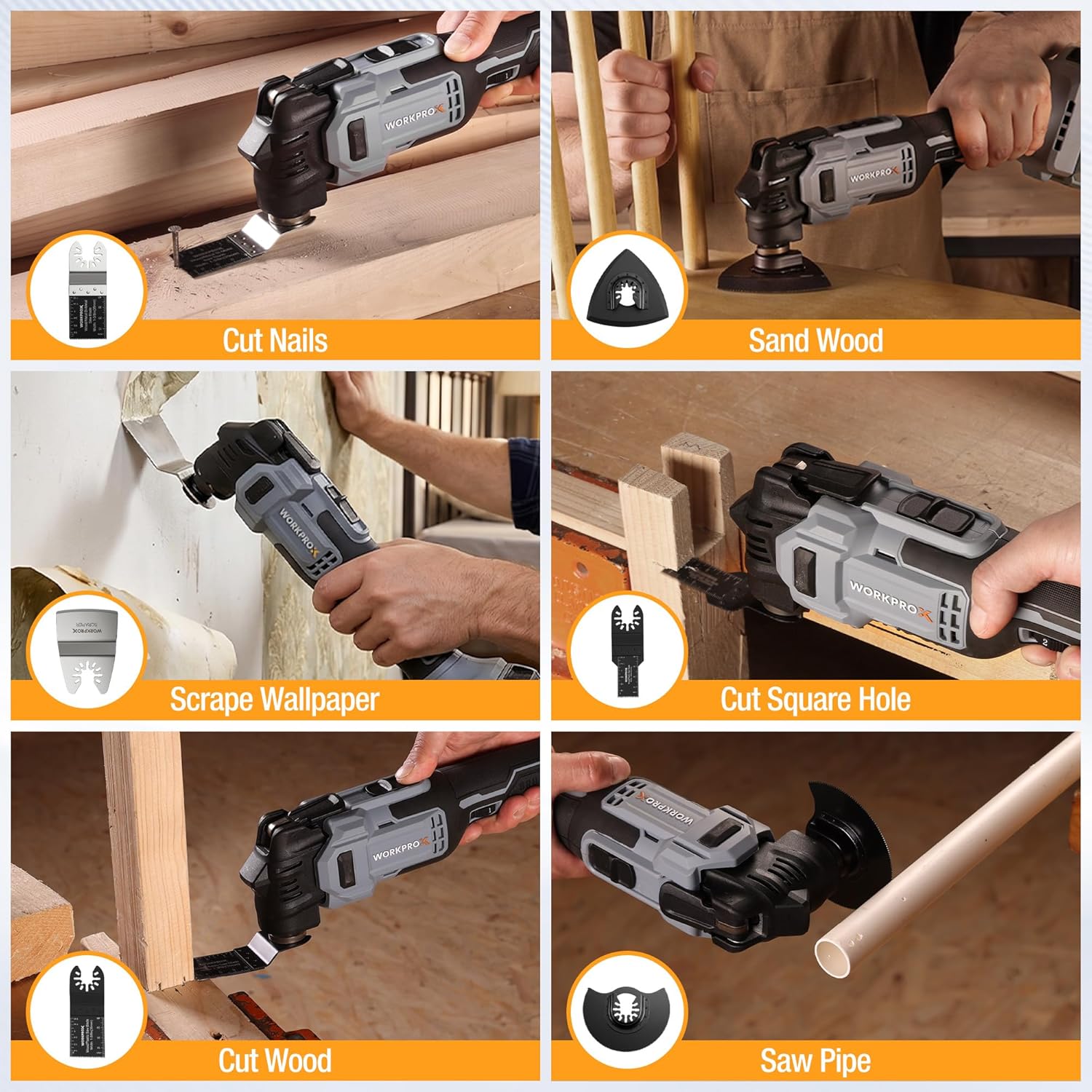 WORKPROX 20V Cordless Oscillating Multi-Tool Kit, Brushless Motor, 6-Speed, 3.6° Oscillation Angle, 22PCS Accessories & 1 Battery, Oscillating Tool for Cutting, Scraping, Sanding with Tool Bag - Image 8
