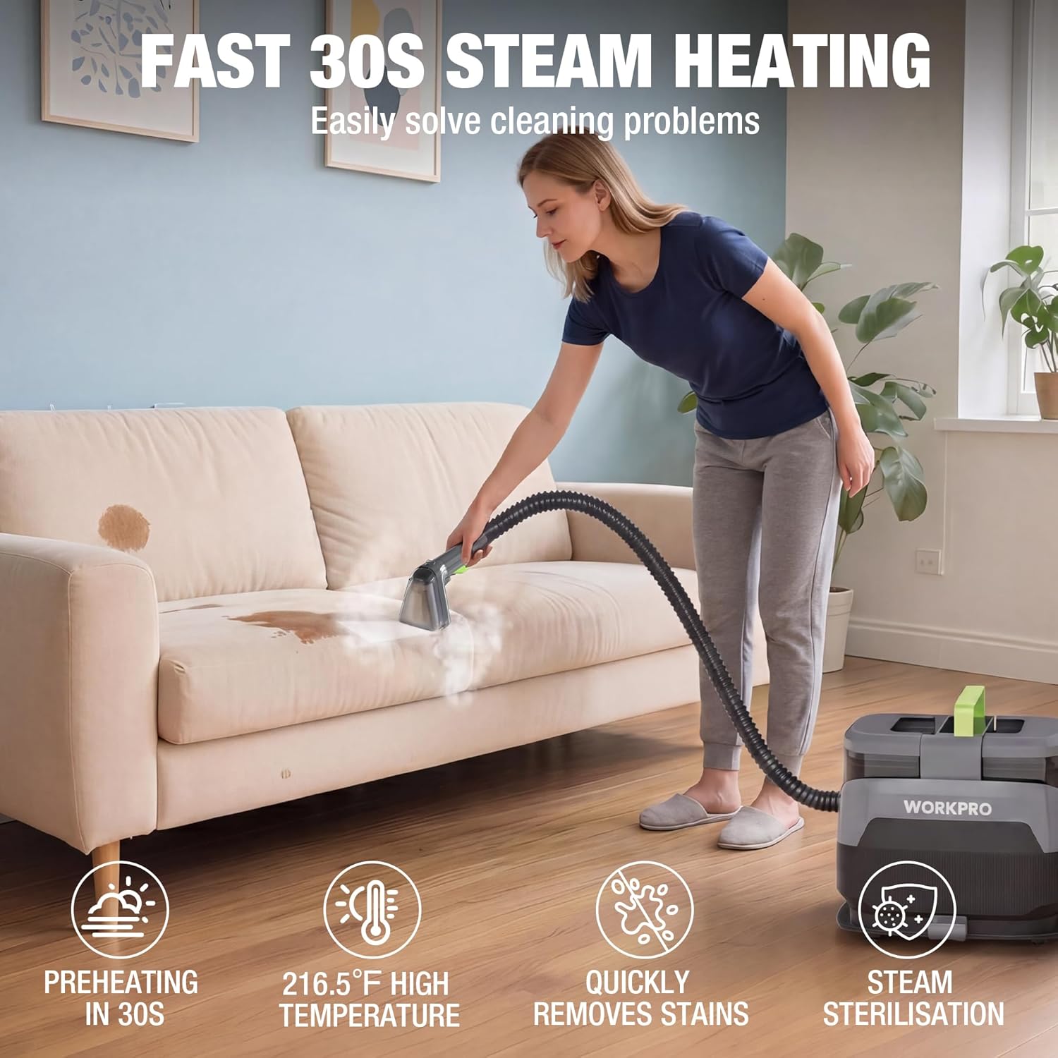 WORKPRO Portable Steam Carpet & Upholstery Cleaner Machine, 16KPa Suction with 4 Cleaning Modes, Spot Cleaner Machine with Heating System and Multi-Function Tools for Sofa, Pet Stains & Car Interior - Image 4