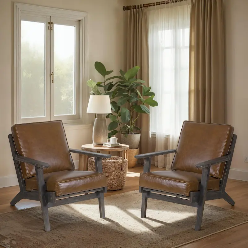 Handcrafted Amber Accent Chair with Slatted Mango Wood, Buffalo Leather Cushions, and Angled Legs - Image 2