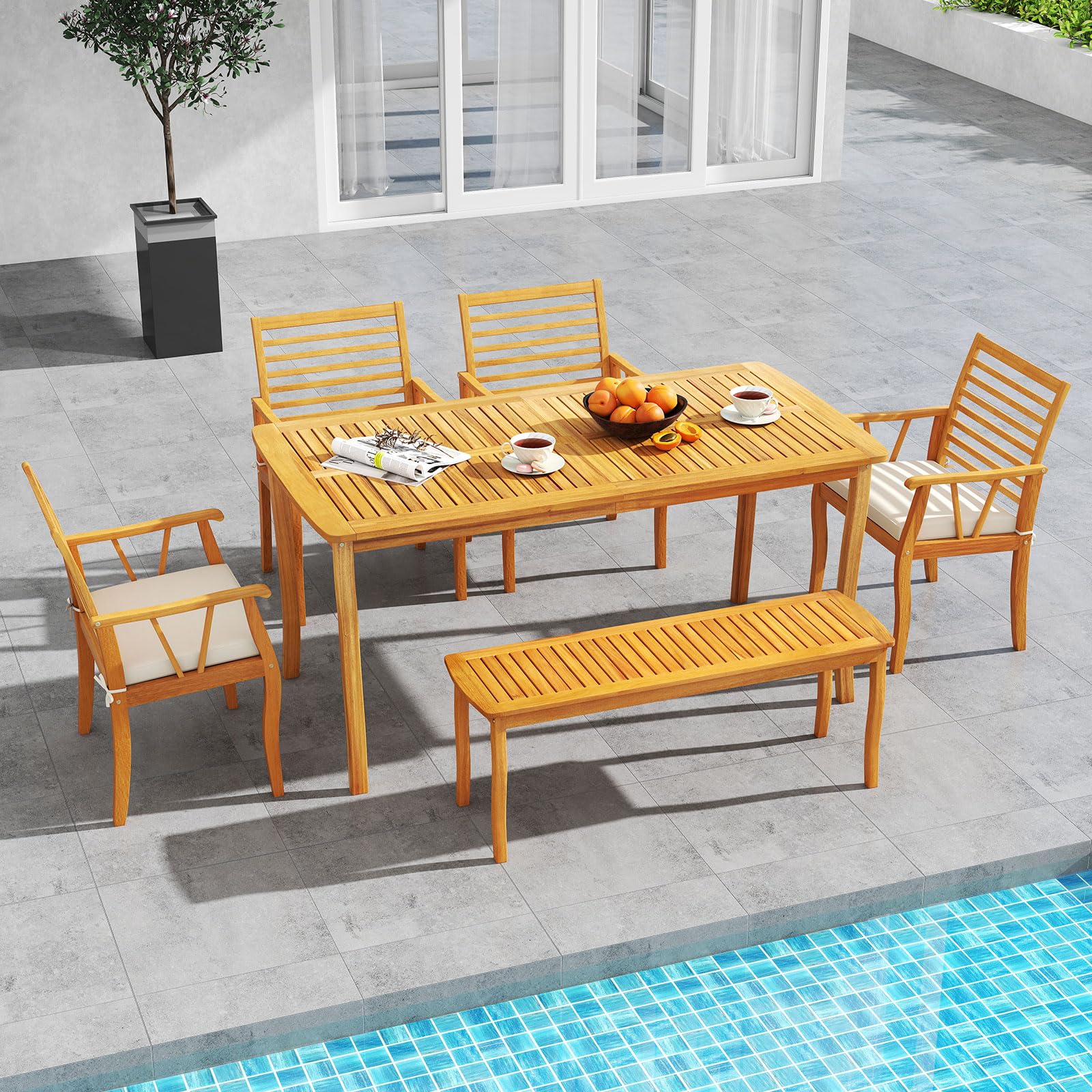 Tangkula 6 Pieces Acacia Wood Patio Dining Set with Bench - Image 3