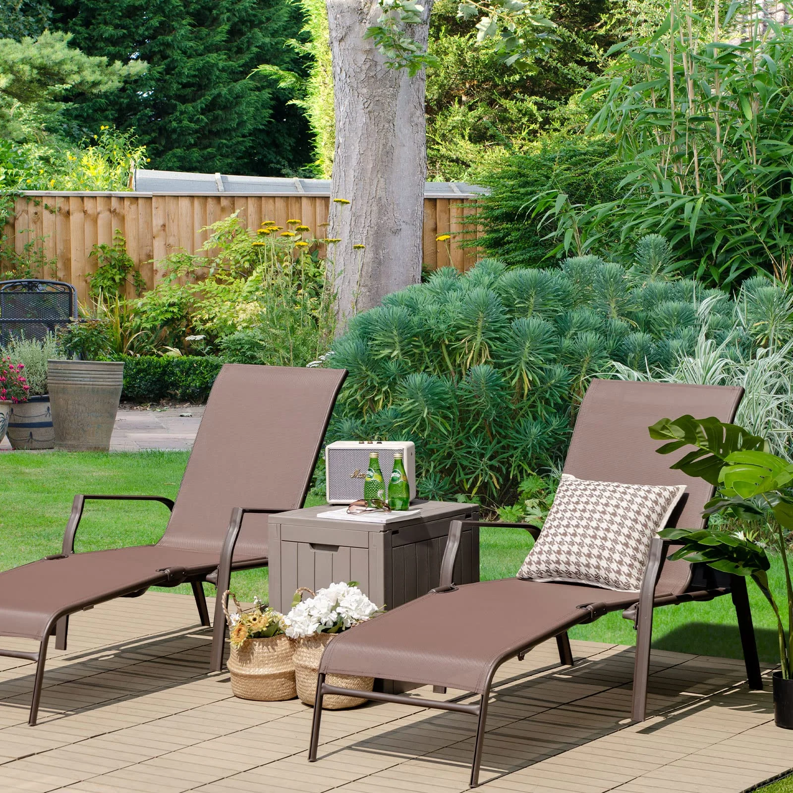Tangkula 2 Piece Patio Adjustable Folding Stackable Chaise Lounge W/ 5-Position Backrest (Brown) - Image 4
