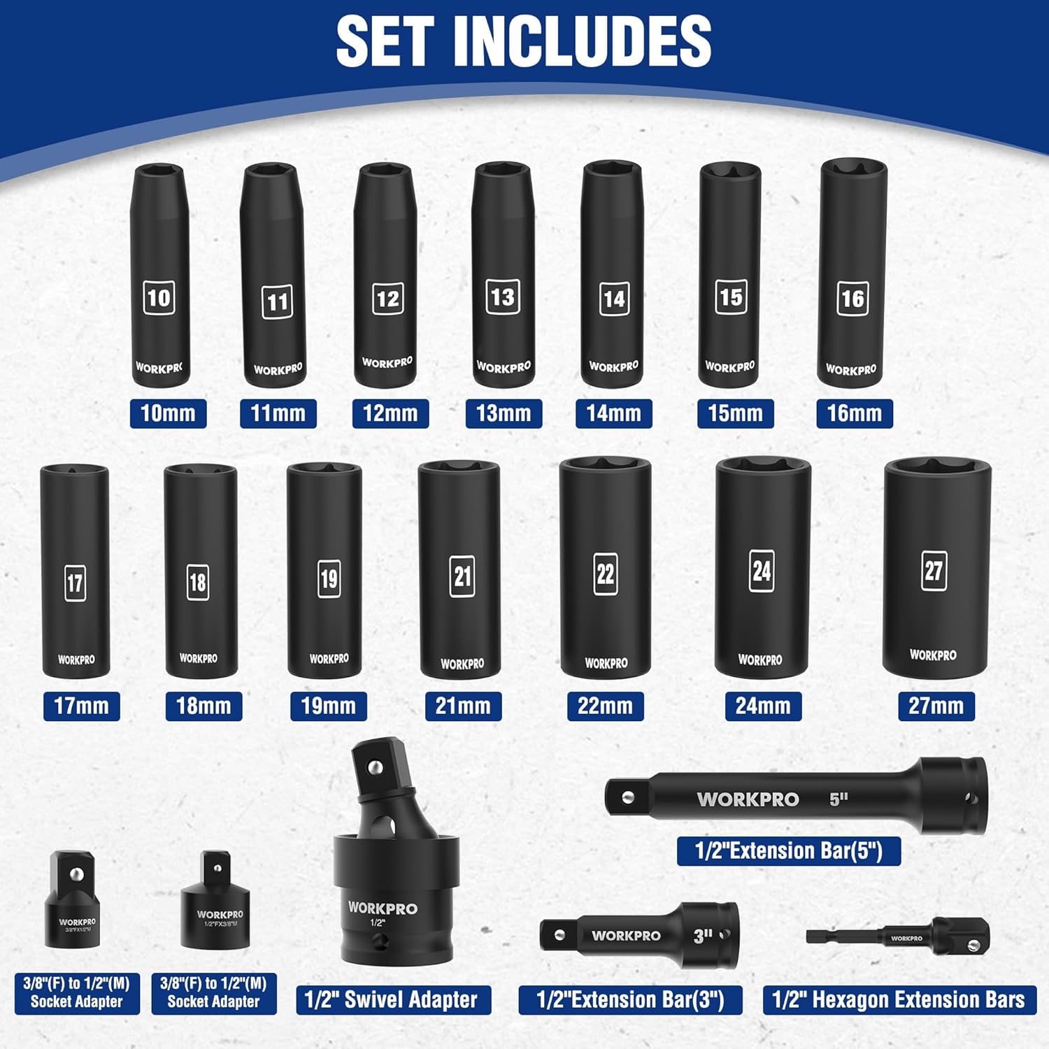 WORKPRO 20-Piece 1/2" Drive Deep Impact Socket Set, 6-Point, Cr-V Steel, 10-27mm, Universal Joint, Adapter and Extension Bar, Metric - Image 2