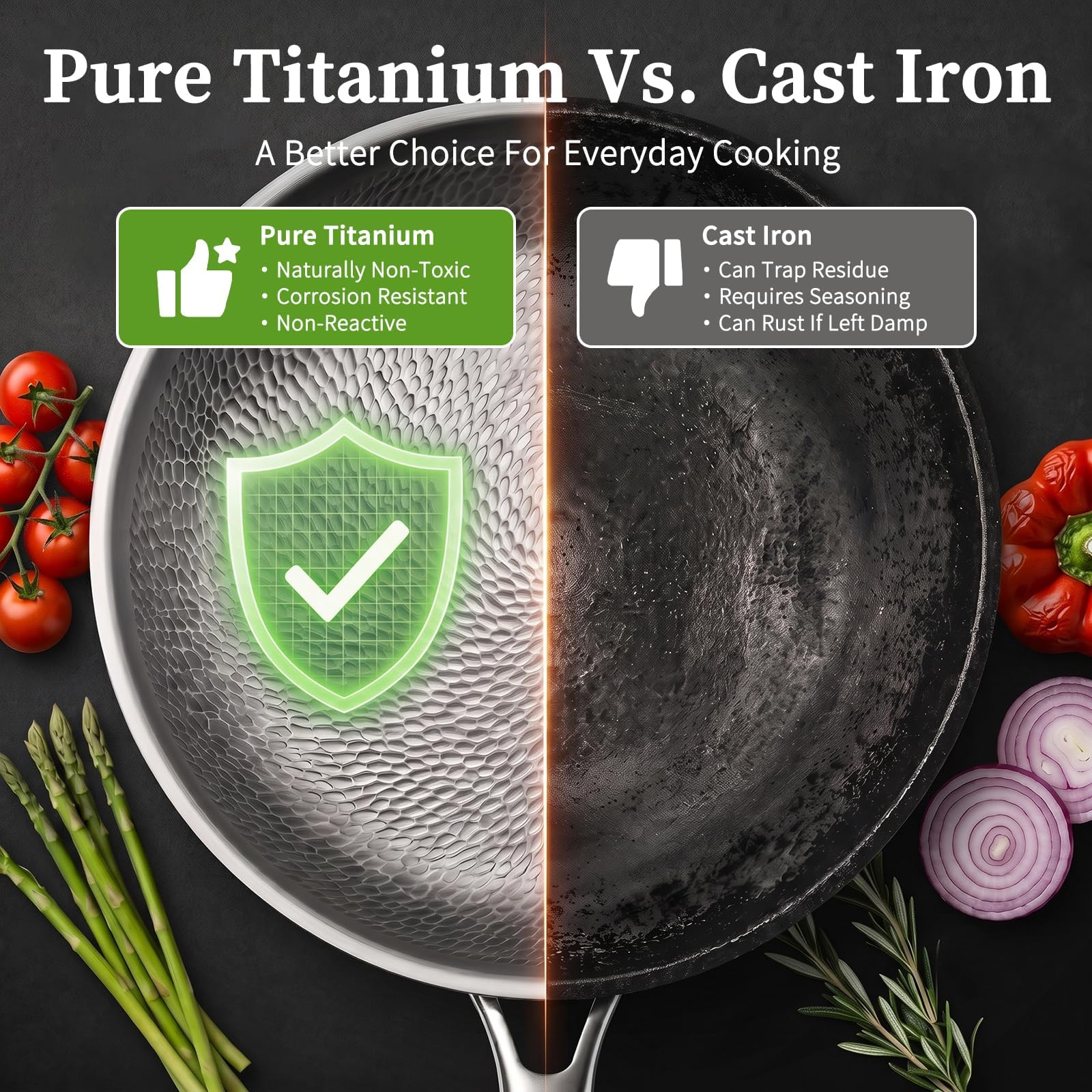 8+10+12" Titanium Pans for Cooking with Lids, Pure Titanium Frying Pan Pro Food-grade titanium; naturally non-toxic; no PTFE/PFOA/PFAS coating; induction ready, dishwasher safe, oven safe to 1000°F - Image 4