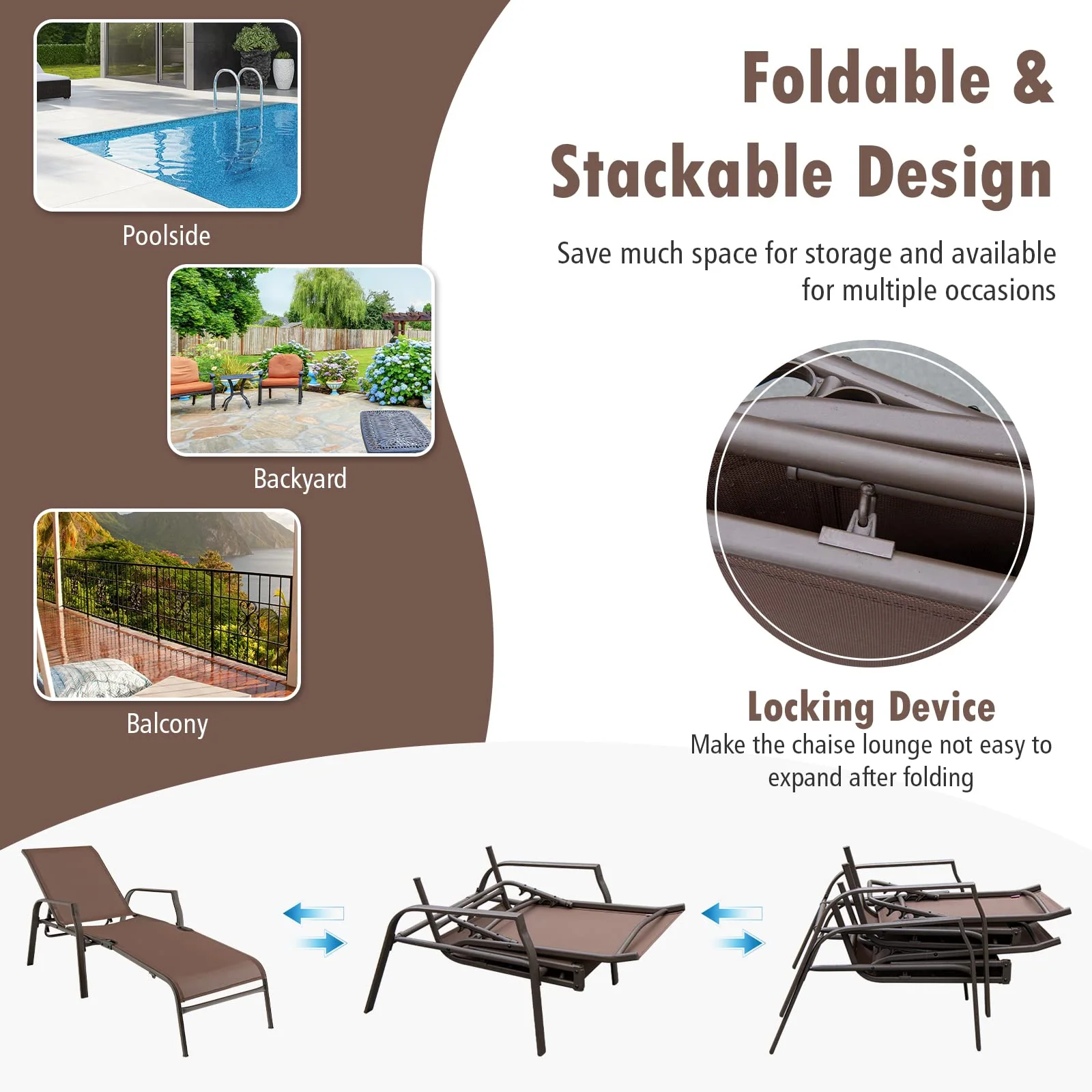 Tangkula 2 Piece Patio Adjustable Folding Stackable Chaise Lounge W/ 5-Position Backrest (Brown) - Image 9