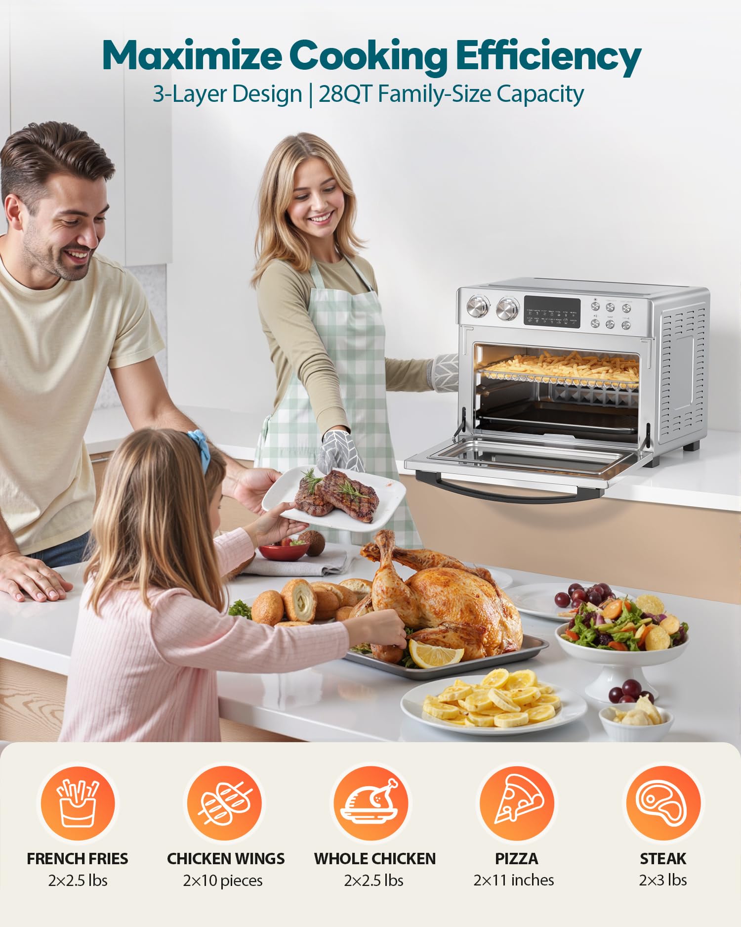 28QT Air Fryer Toaster Oven Combo, Next-Gen HeatWave Convection, Silver 12-in-1 Extra Large Convection Countertop Oven with Rotisserie, Fits 11" Pizza, 6 Accessories, 360° Airflow, 3-Layer, 1700W - Image 4