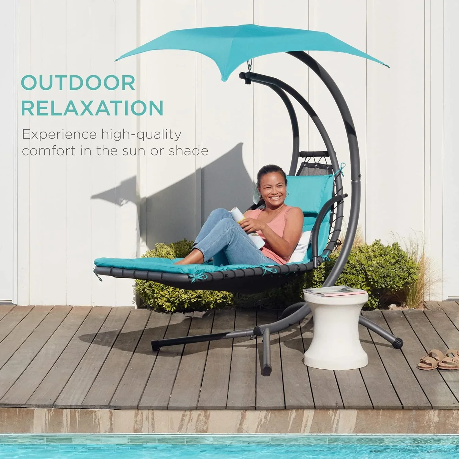 Best Choice Products Outdoor Hanging Curved Steel Chaise Lounge Chair Swing w/Built-in Pillow and Removable Canopy - Charcoal Gray - Image 115