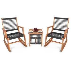 Tangkula 3 Pieces Acacia Wood Rocking Bistro Set, All-Weather Rope Woven Patio Furniture Set with Coffee Table