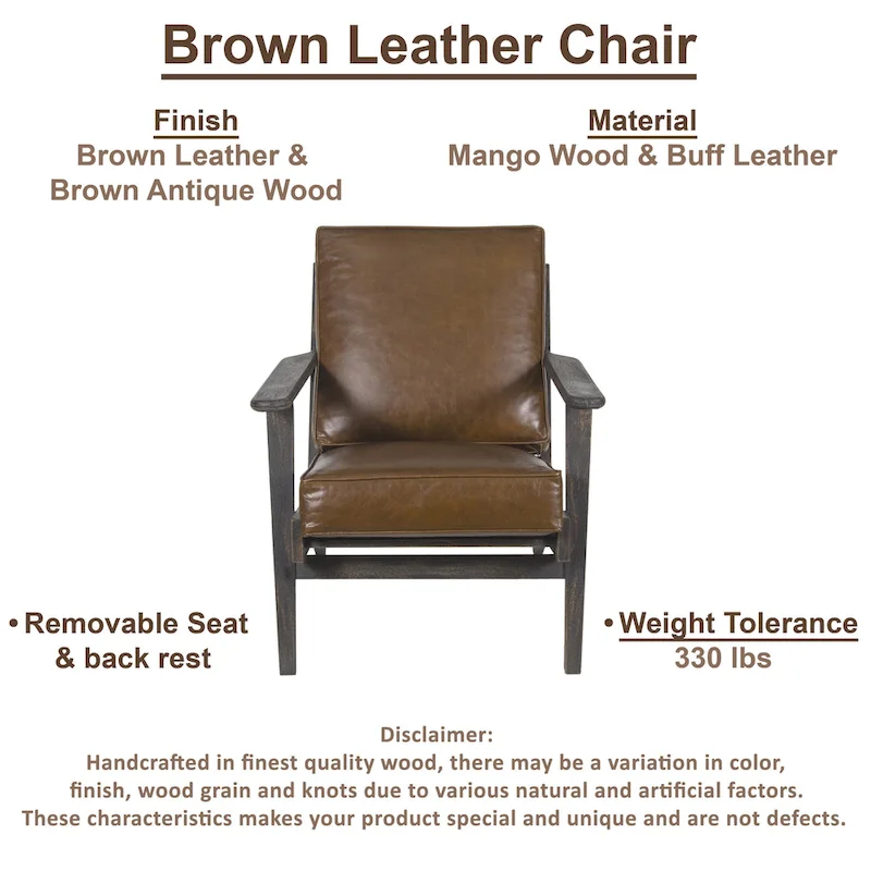 Handcrafted Amber Accent Chair with Slatted Mango Wood, Buffalo Leather Cushions, and Angled Legs - Image 7