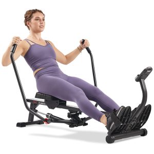 Sunny Health & Fitness Smart Full Motion Rower 12 Resistance Levels, Dual-Arm Design, SunnyFit App, 400 LB Capacity, Optional Back-Assist Core Trainer