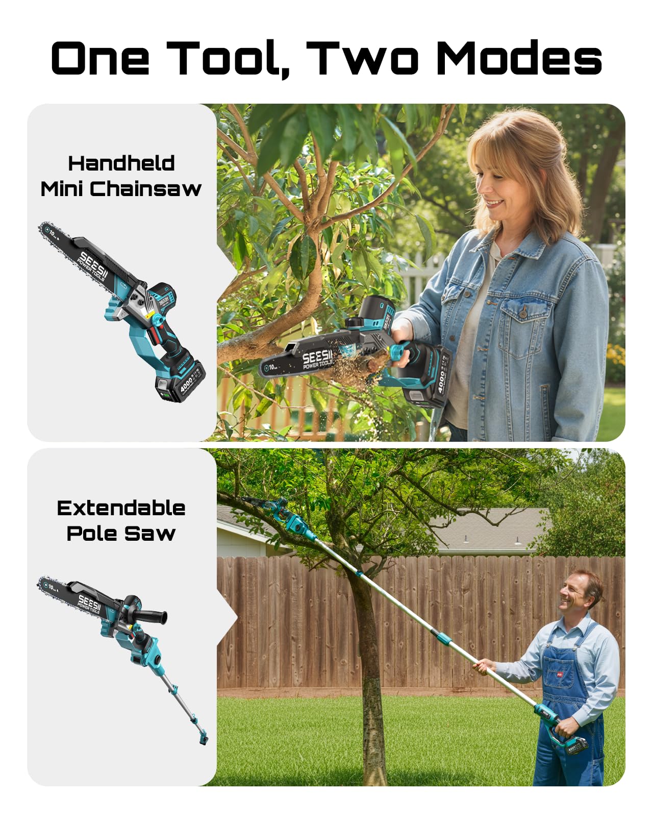 SEESII 10-Inch 2-in-1 Cordless Pole Saw & Mini Chainsaw,2 x 4.0Ah Batteries Brushless Handheld Chain Saw,Auto Oiling, Telescoping Pole with Pivoting Head and Adjustable Handle for High and Low Branches - Image 2