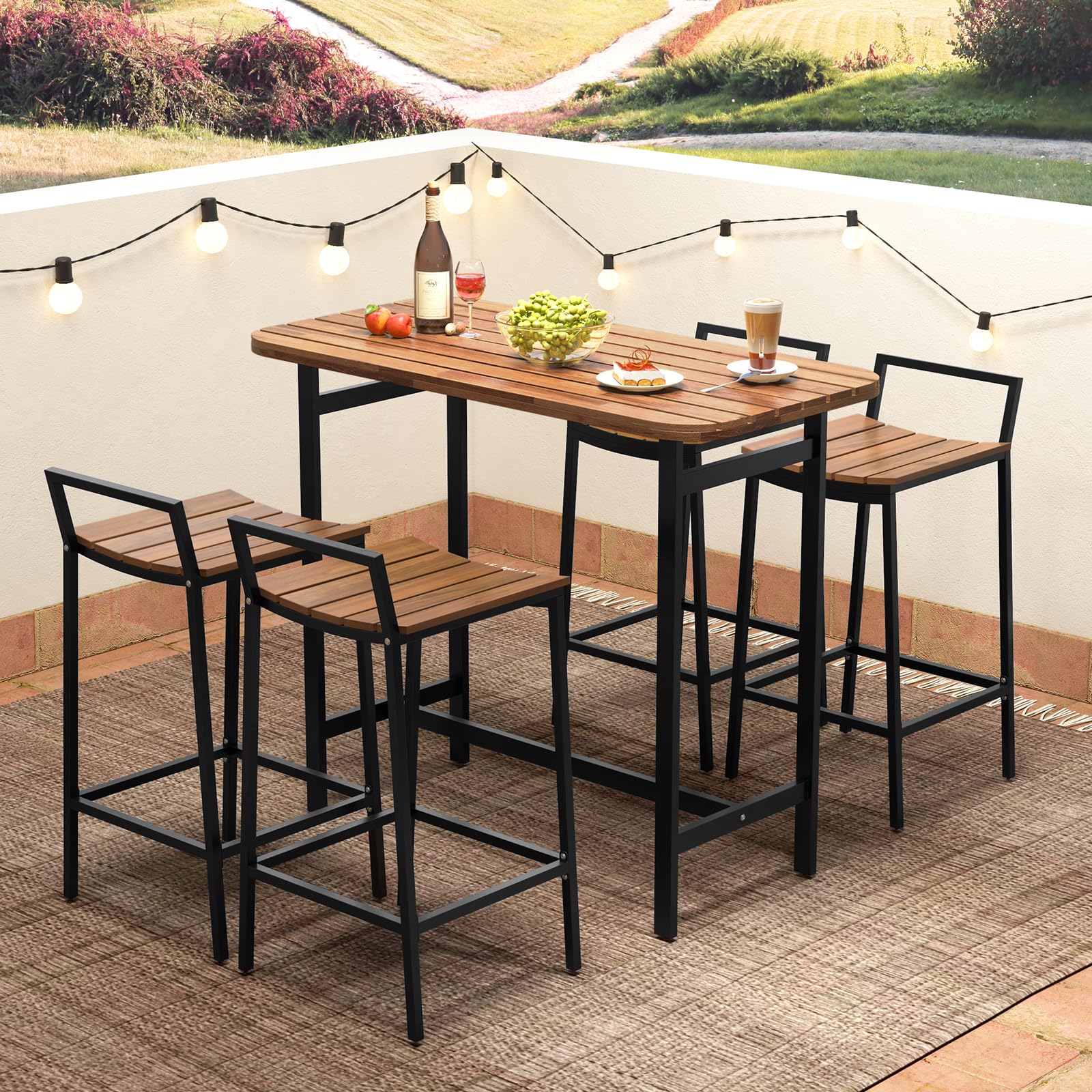Tangkula 5 Piece Acacia Wood Bar Table Set, Outdoor Bar Height Table & Chairs with Metal Frame & Footrest - Image 2