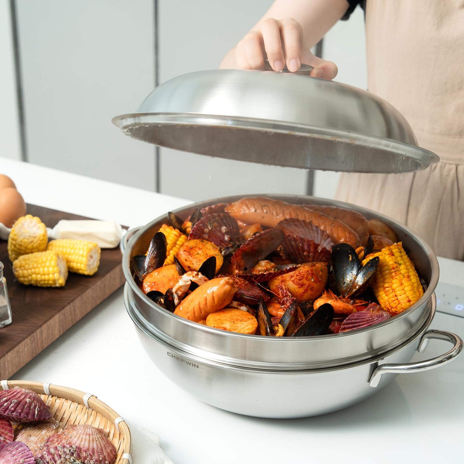316 Stainless Steel Heavy Duty 12.6 inch 6.3 Quart Wok pan with Lid and Steamer, Stir Fry Pan, 5Ply, Induction Cookware, Dishwasher Safe, Oven Safe - Image 2
