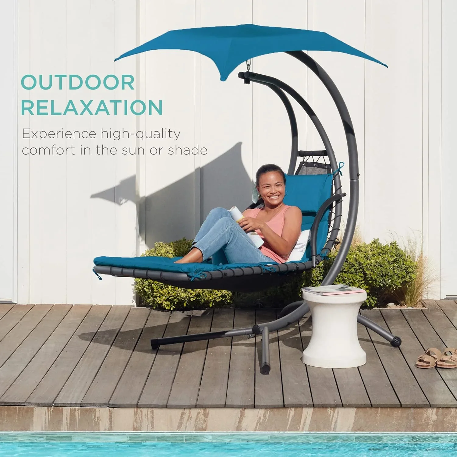 Best Choice Products Outdoor Hanging Curved Steel Chaise Lounge Chair Swing w/Built-in Pillow and Removable Canopy - Charcoal Gray - Image 76