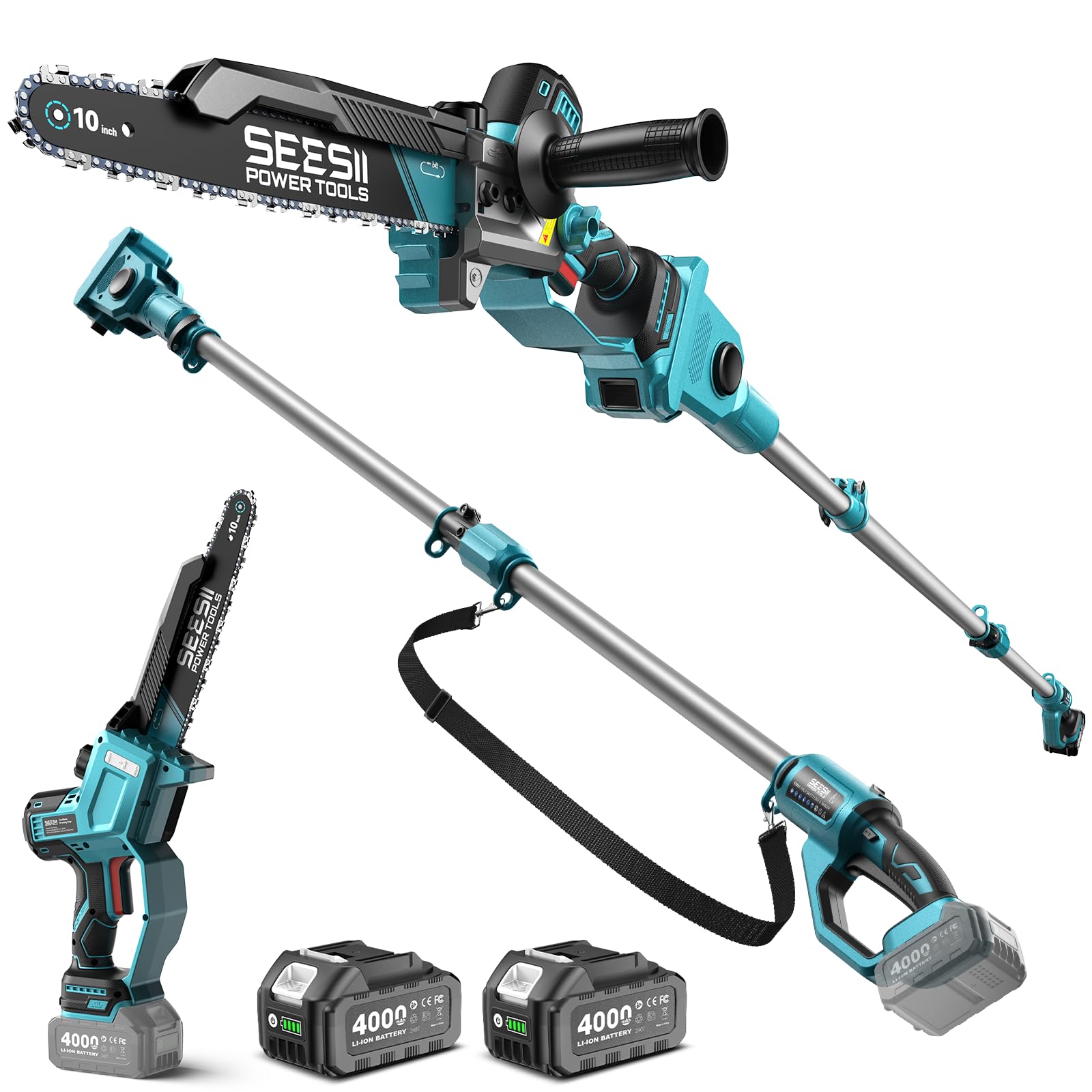SEESII 10-Inch 2-in-1 Cordless Pole Saw & Mini Chainsaw,2 x 4.0Ah Batteries Brushless Handheld Chain Saw,Auto Oiling, Telescoping Pole with Pivoting Head and Adjustable Handle for High and Low Branches