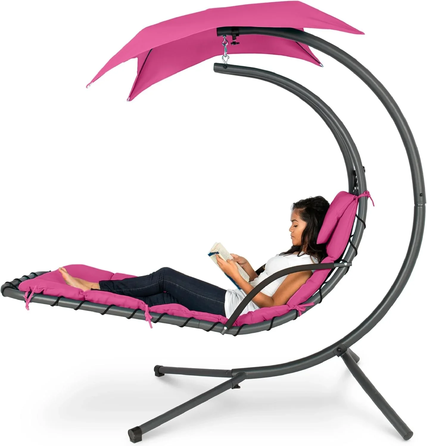 Best Choice Products Outdoor Hanging Curved Steel Chaise Lounge Chair Swing w/Built-in Pillow and Removable Canopy - Charcoal Gray - Image 7