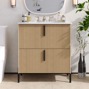 WELLFOR ECHO Bathroom Vanities with Top 30-in Natural Single Sink Bathroom Vanity with Pure White Ceramic Top
