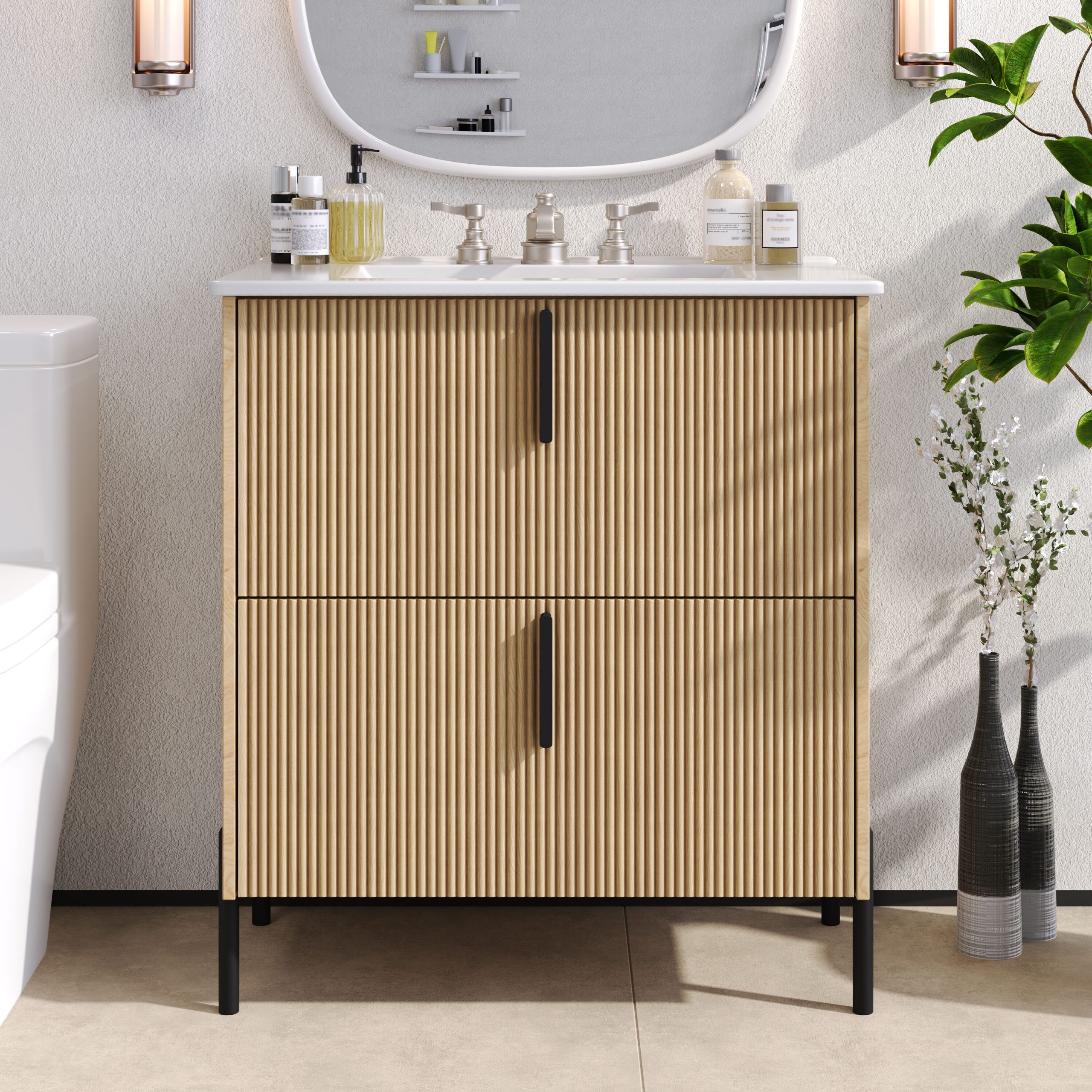 WELLFOR ECHO Bathroom Vanities with Top 30-in Natural Single Sink Bathroom Vanity with Pure White Ceramic Top