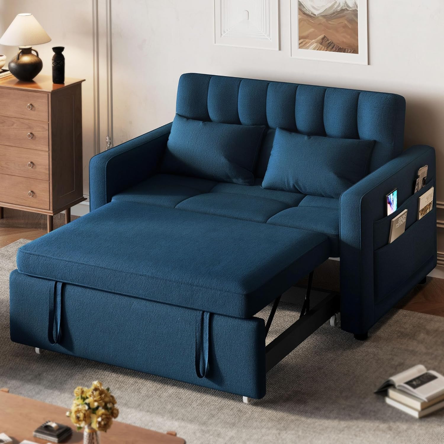 DWVO 3-in-1 Convertible Sofa Bed, 55" Sleeper Sofa with Pull-Out Bed, Cat-Scratch-Proof Fabric Futon Couch with Adjustable Backrest and Side Pocket, Loveseat for Living Room Apartment, Grey - Image 11