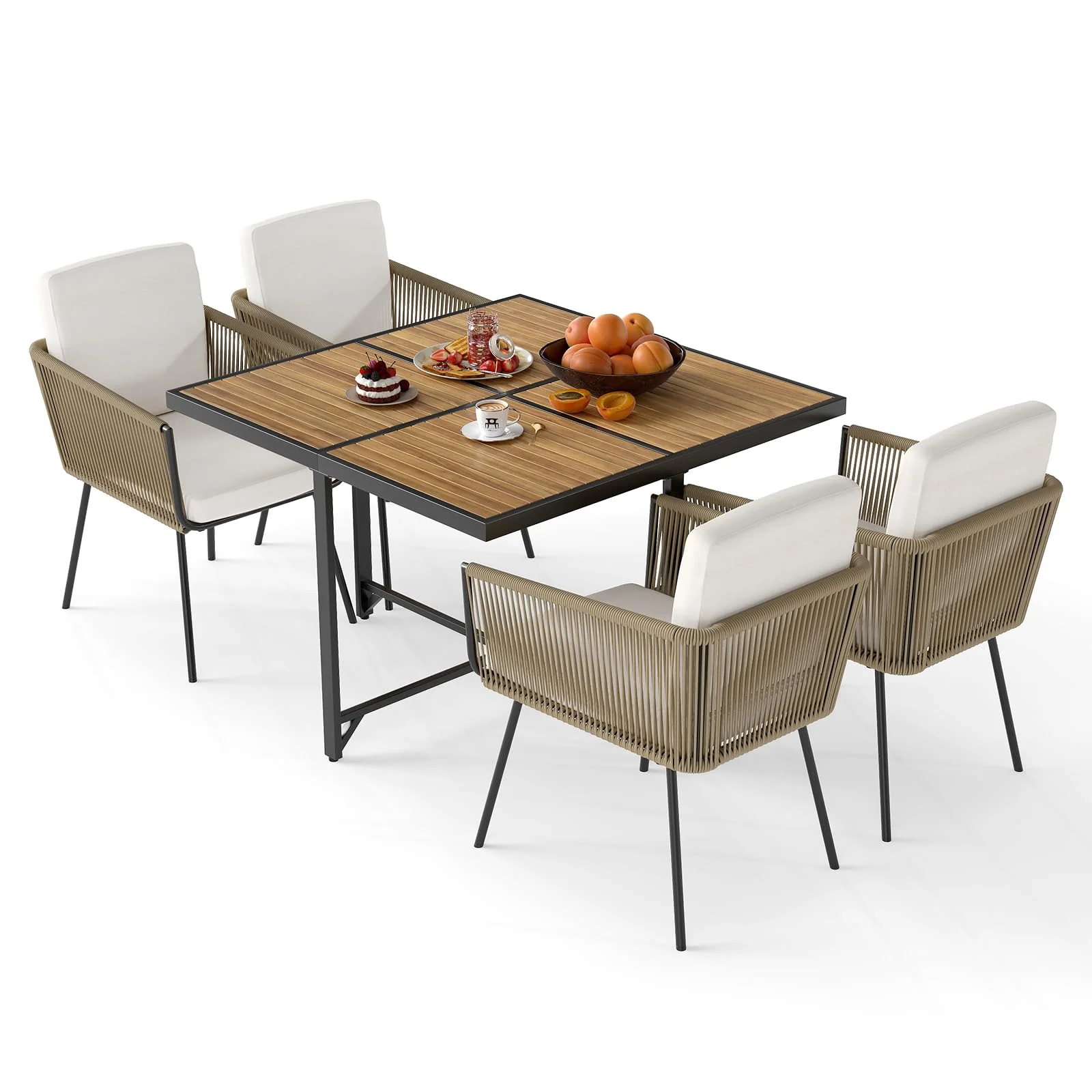 Tangkula Outdoor Rectangular Table and Chairs with Acacia Wood Tabletop