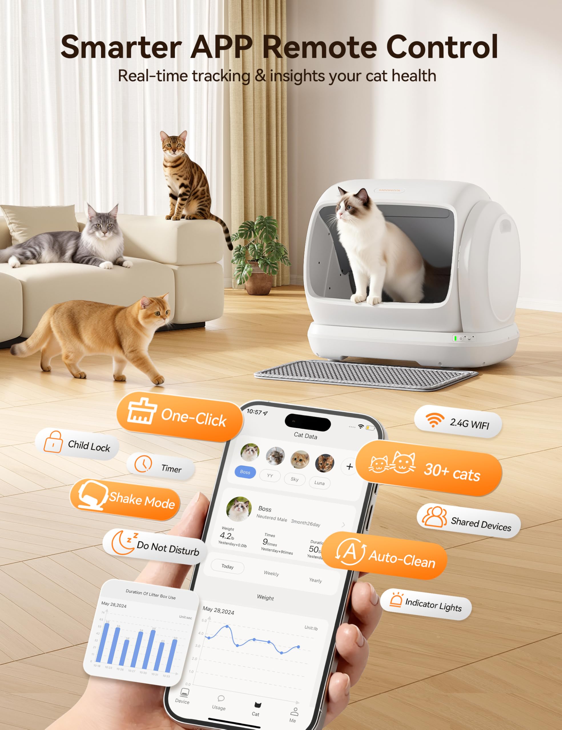 Meowant Self-Cleaning Cat Litter Box, 106L Large Capacity for Multiple Cats Anti-Pinch Automatic Cat Litter Box,Low Entrance,Safety Sensor Protection,APP Control,Health Monitor,Odor Free,Ultra Quiet - Image 4