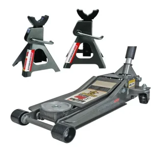 Pittsburg 3-Ton Low-Profile Steel Floor Jack And Stands Combo - Rapid Lift Hydraulic System