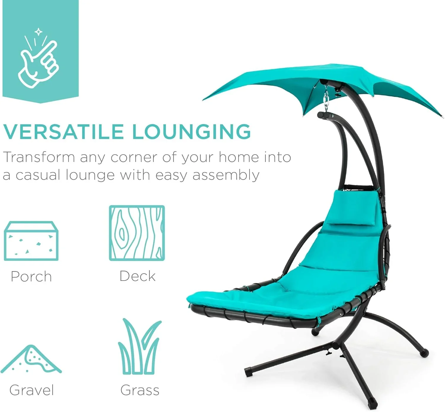 Best Choice Products Outdoor Hanging Curved Steel Chaise Lounge Chair Swing w/Built-in Pillow and Removable Canopy - Charcoal Gray - Image 113