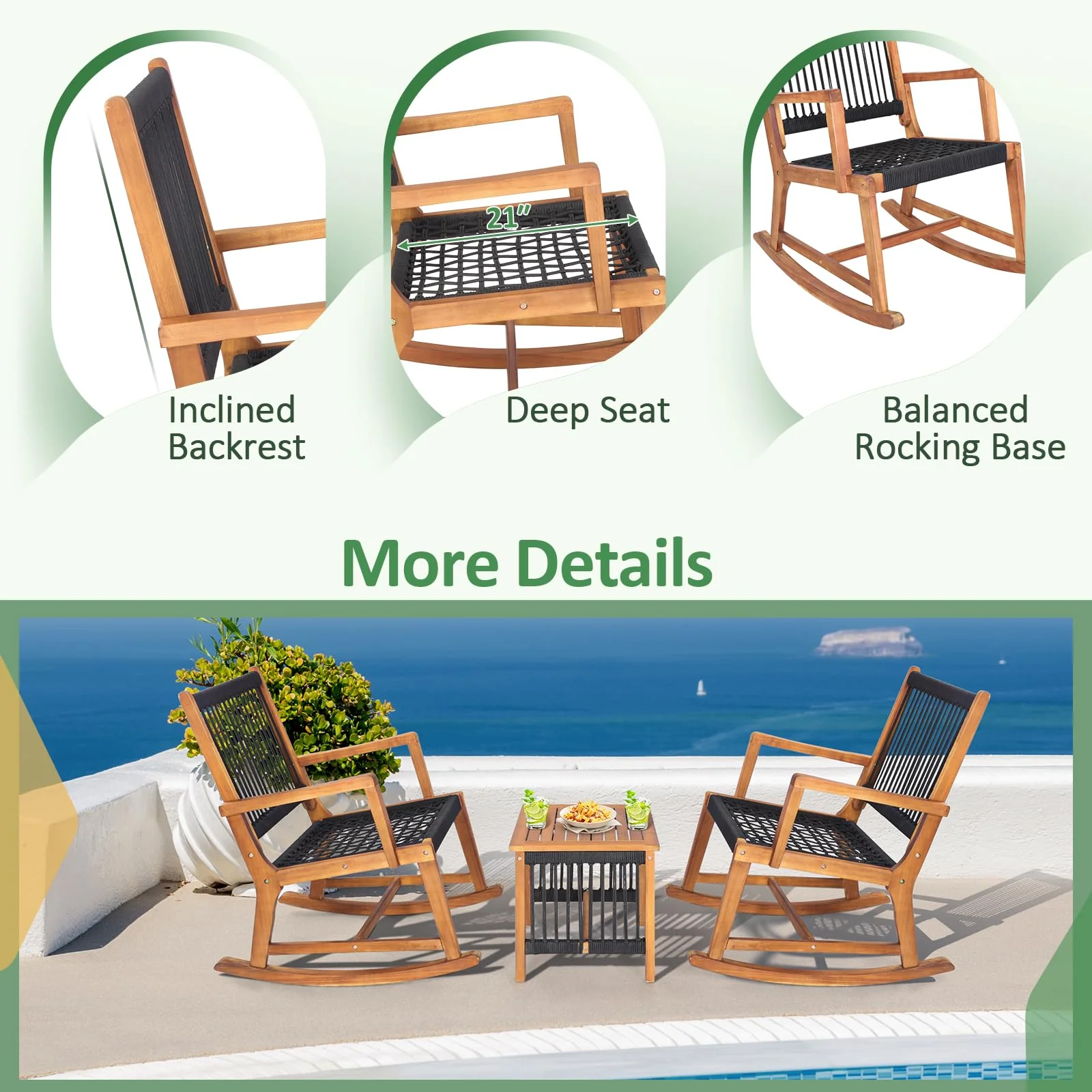 Tangkula 3 Pieces Acacia Wood Rocking Bistro Set, All-Weather Rope Woven Patio Furniture Set with Coffee Table - Image 6