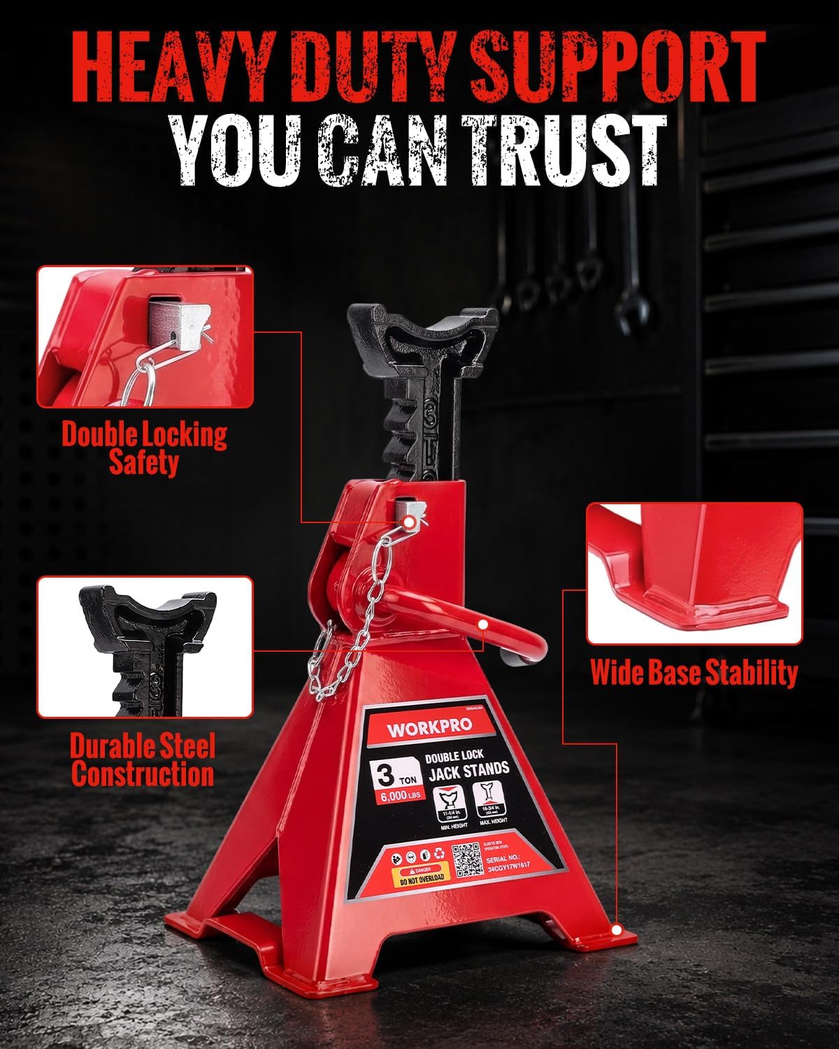 WORKPRO 3 Ton Jack Stands with Double Lock, 6000 LBS Capacity, 1 Pair - Image 4