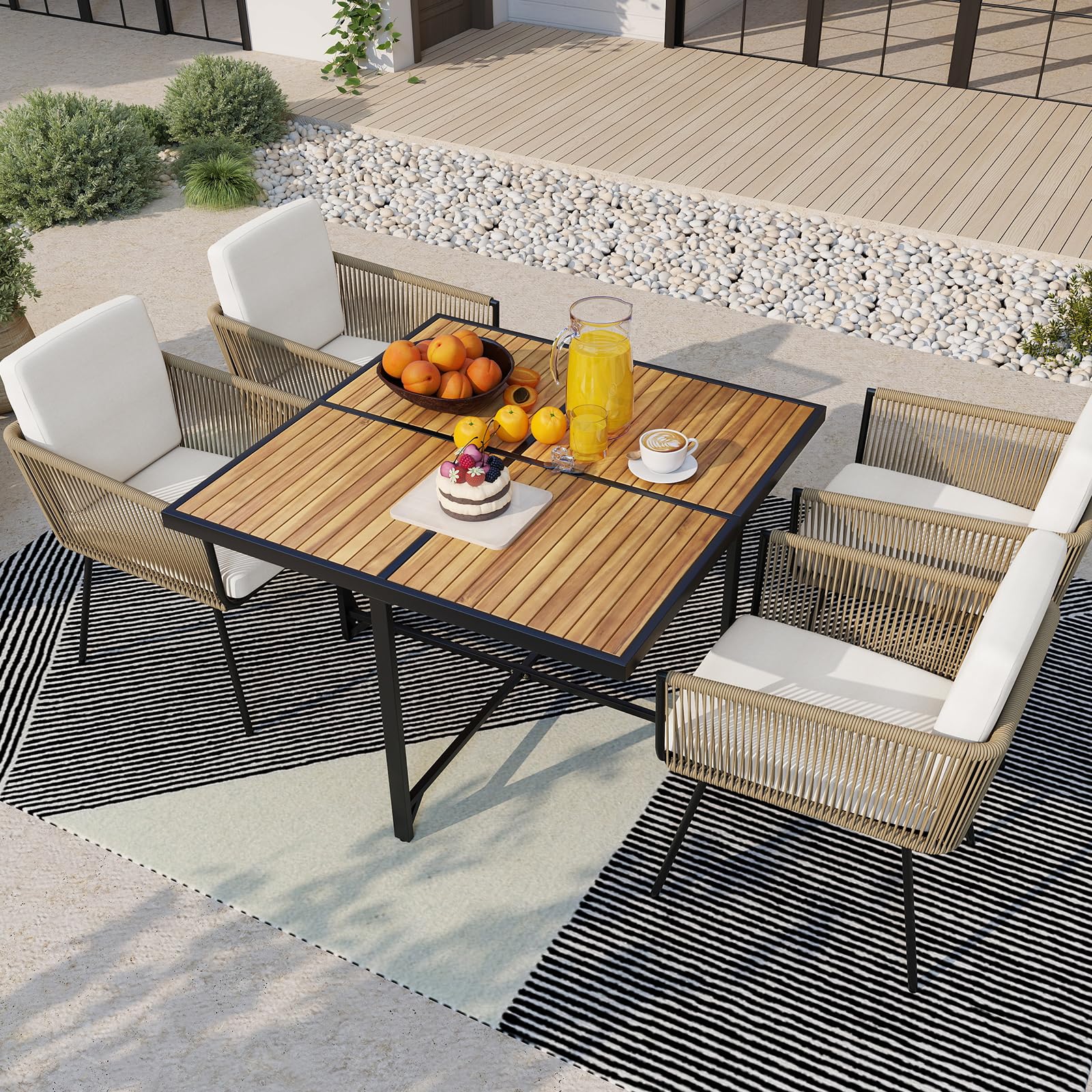 Tangkula Outdoor Rectangular Table and Chairs with Acacia Wood Tabletop - Image 8