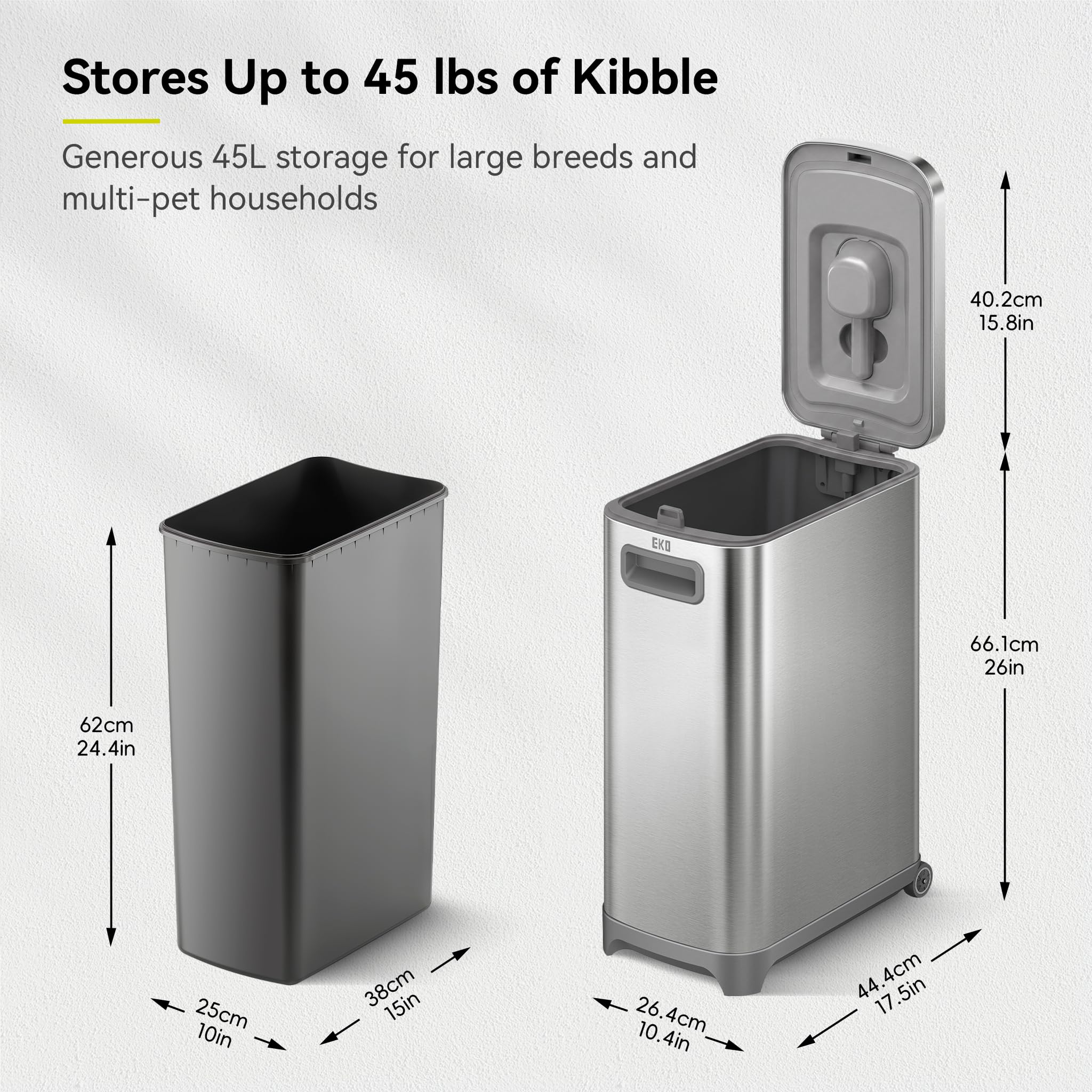 EKO 45 lb Airtight Dog Food Storage Container, Stainless Steel Pet Food Container for Kibble, Cat Food & Bird Seed, Lockable Lid, Magnetic Scoop, BPA-Free Inner Bucket, Wheels - Image 2