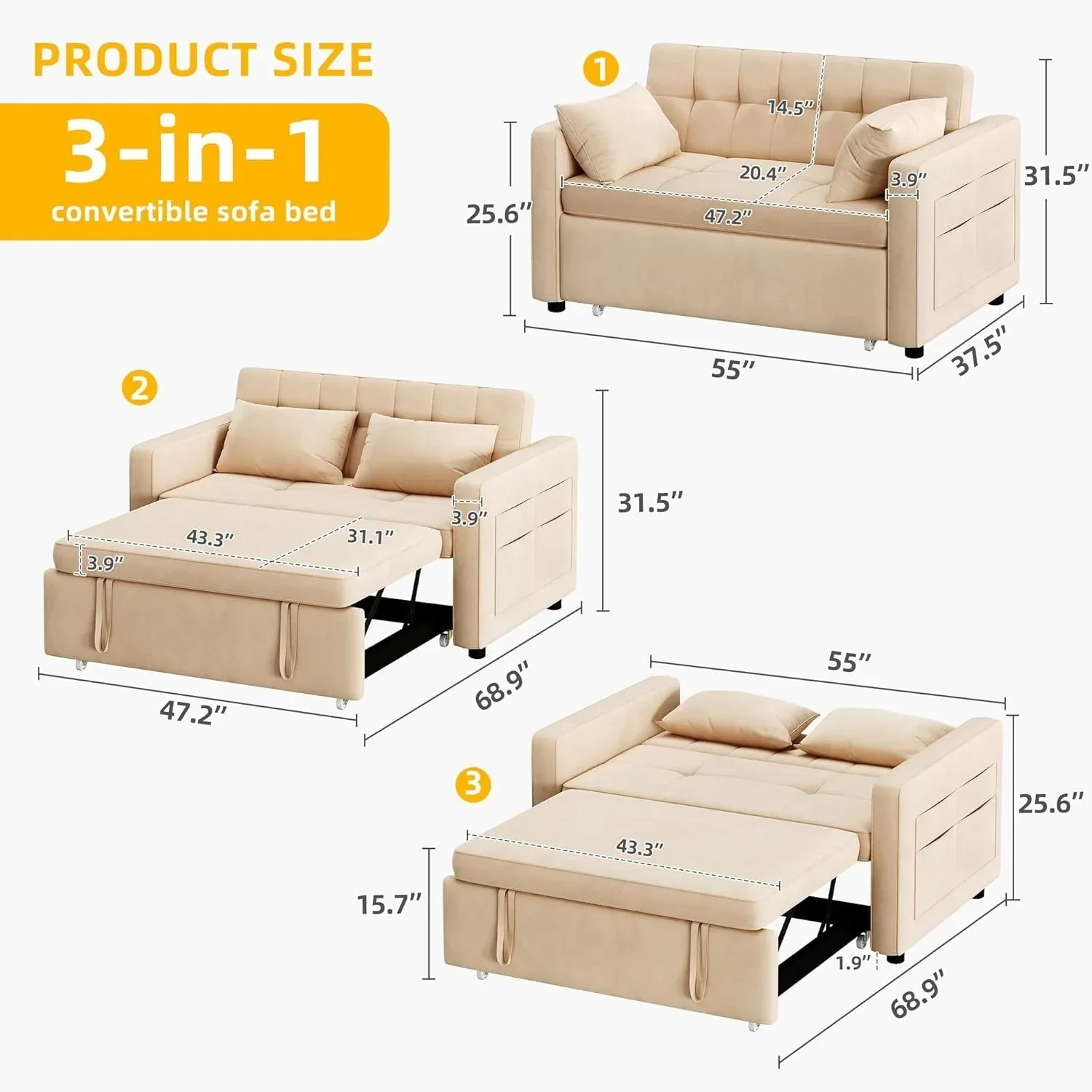 DWVO 3-in-1 Convertible Sofa Bed, 55" Sleeper Sofa with Pull-Out Bed, Cat-Scratch-Proof Fabric Futon Couch with Adjustable Backrest and Side Pocket, Loveseat for Living Room Apartment, Grey - Image 19