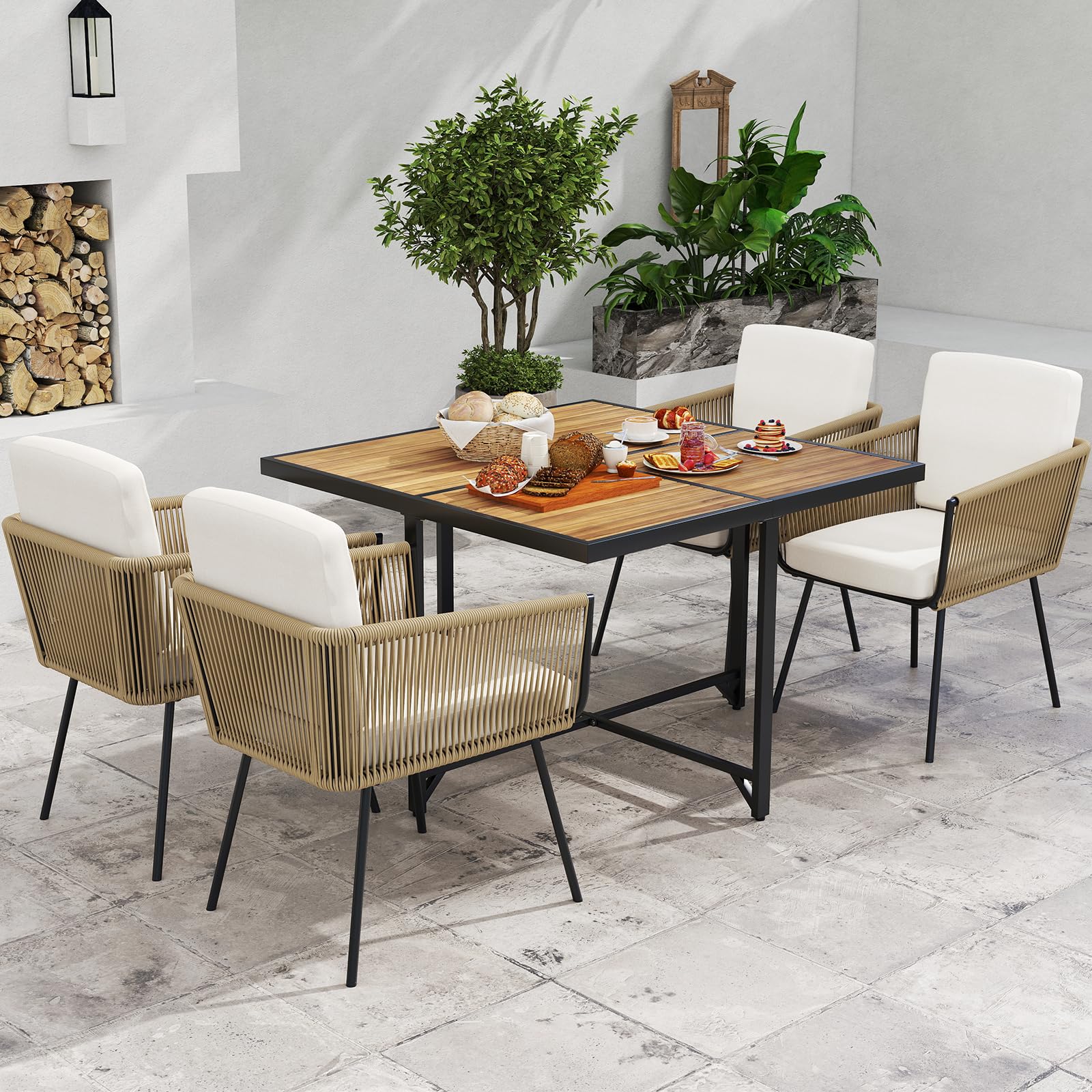 Tangkula Outdoor Rectangular Table and Chairs with Acacia Wood Tabletop - Image 7