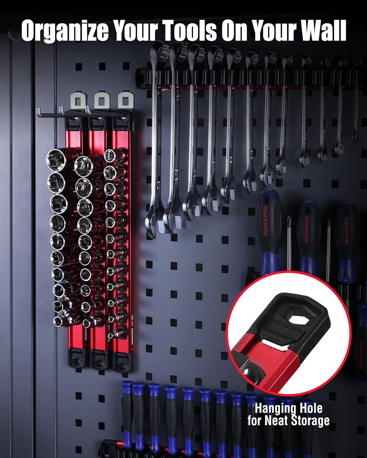 WORKPRO 6-Piece Magnetic Socket Organizer and Magnetic Screwdriver Organizer Set, 3-Piece 1/4", 3/8" & 1/2" Drive Metric & SAE Socket Rail, 3-Piece Screwdriver and Wrench Holder(Sockets not Included) - Image 8