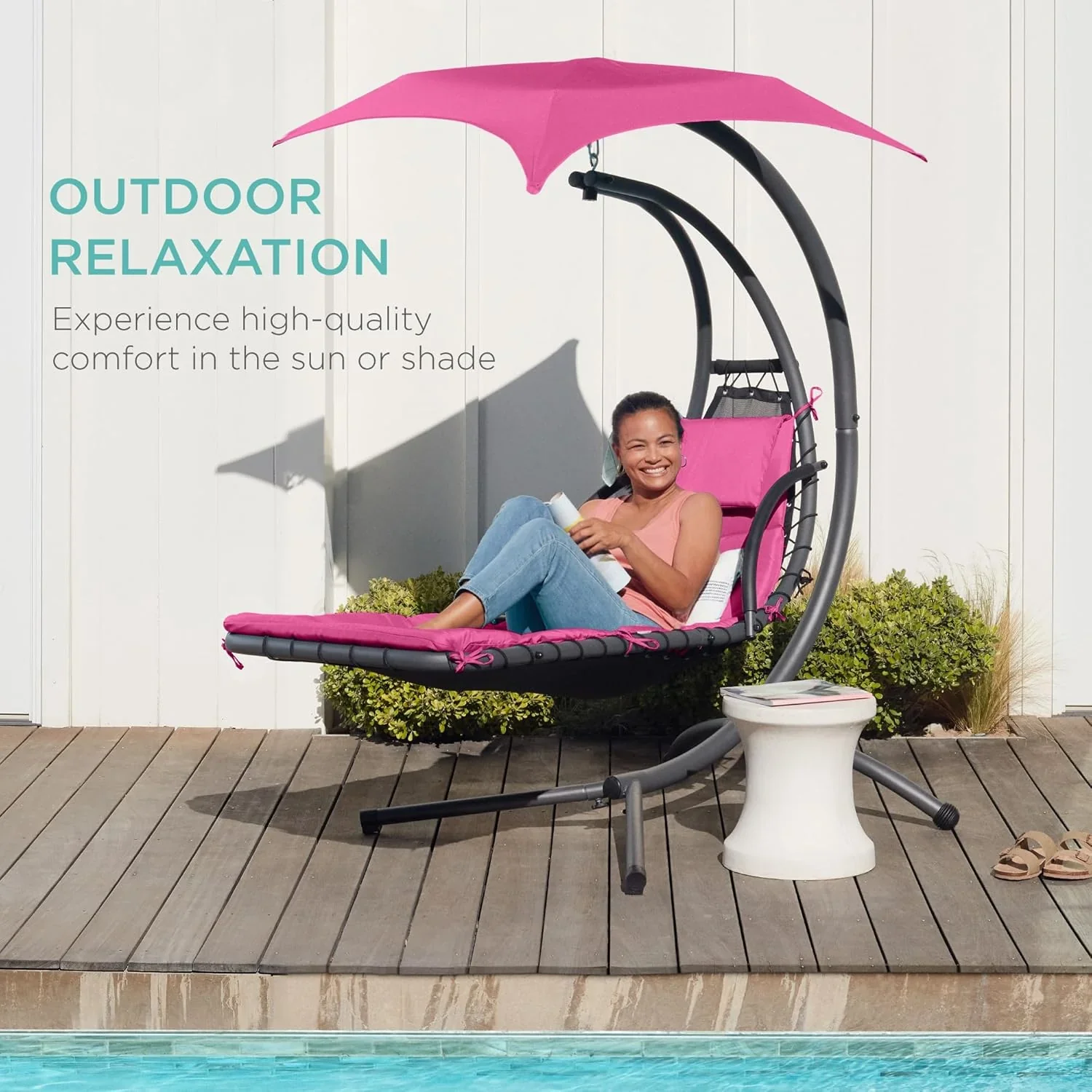 Best Choice Products Outdoor Hanging Curved Steel Chaise Lounge Chair Swing w/Built-in Pillow and Removable Canopy - Charcoal Gray - Image 50