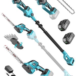 SEESII 6-in-1 Cordless Pole Saw & Hedge Trimmer Combo, Brushless Motor Electric Mini Chainsaw with 2×4.0 Ah Batteries, Extendable Tree Pruner, Bush Trimmer Limb Branch Cutter, Grass Shears