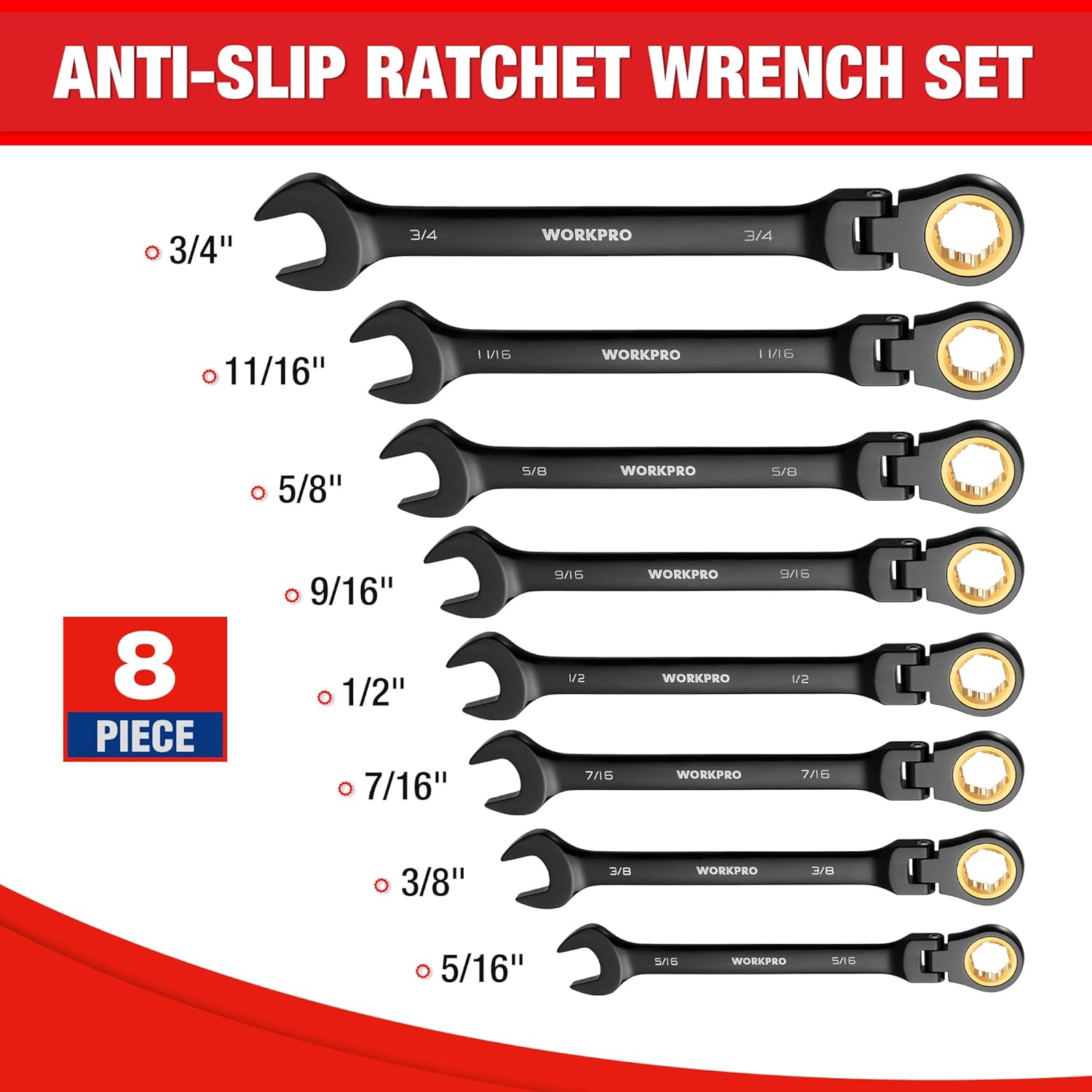 WORKPRO 8-piece Flex Head Ratcheting Wrench Set, Anti-slip Set SAE 5/16-3/4 inch, 72-Teeth, Cr-V Constructed, Black Electrophoretic Coating with Rack Organizer - Image 5