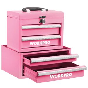 WORKPRO Portable & 12.5" Mini Metal Tool Box, Top Tool Chest Containing Two Drawers - Pink Ribbon