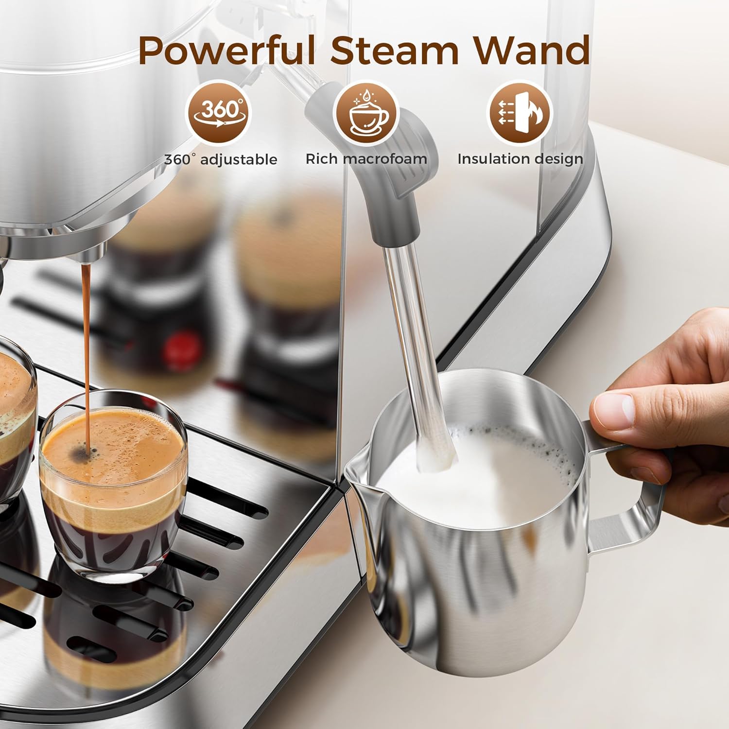20 Bar Espresso Machine, Professional Espresso Maker with Milk Frother Steam Wand - Image 3