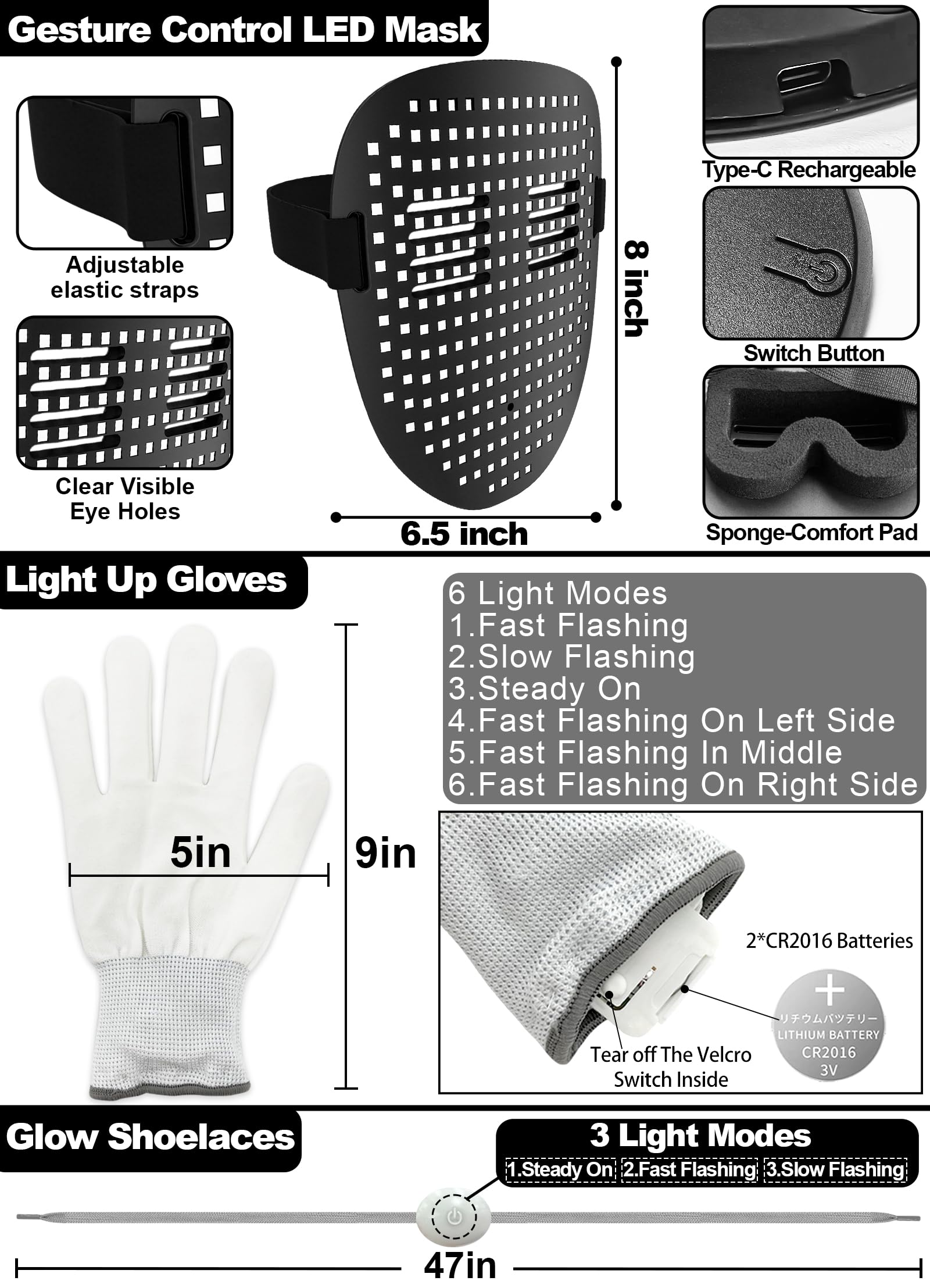 3 Set Halloween Gesture Sensing LED Mask Glow Skeleton Gloves & Shoelaces Light up Costume Set, Halloween Costumes, Cool Stuff, Gifts for Teens, Gift Ideas for Birthday Christmas New Year's Eve - Image 4