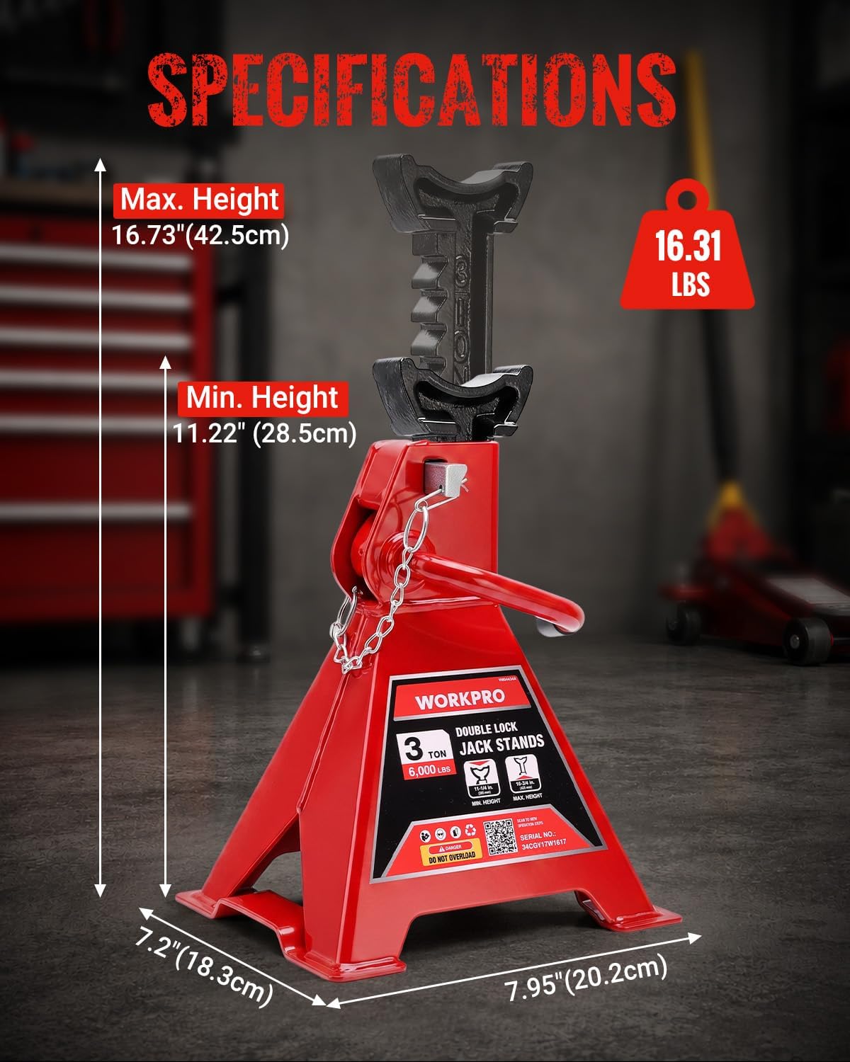 WORKPRO 3 Ton Jack Stands with Double Lock, 6000 LBS Capacity, 1 Pair - Image 3